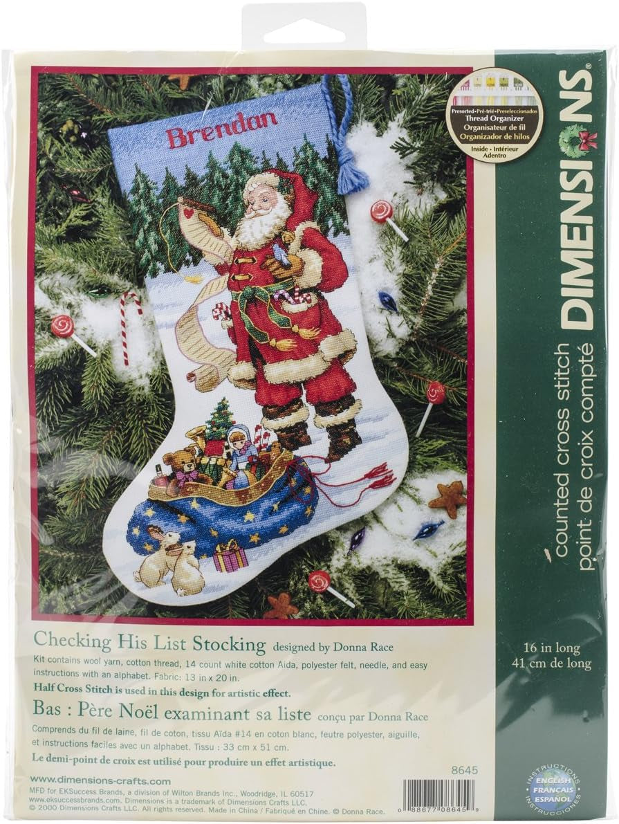 Counted Cross Stitch ''Checking His List'' Personalized Christmas Stocking Kit, 14 Count White Aida, 16''