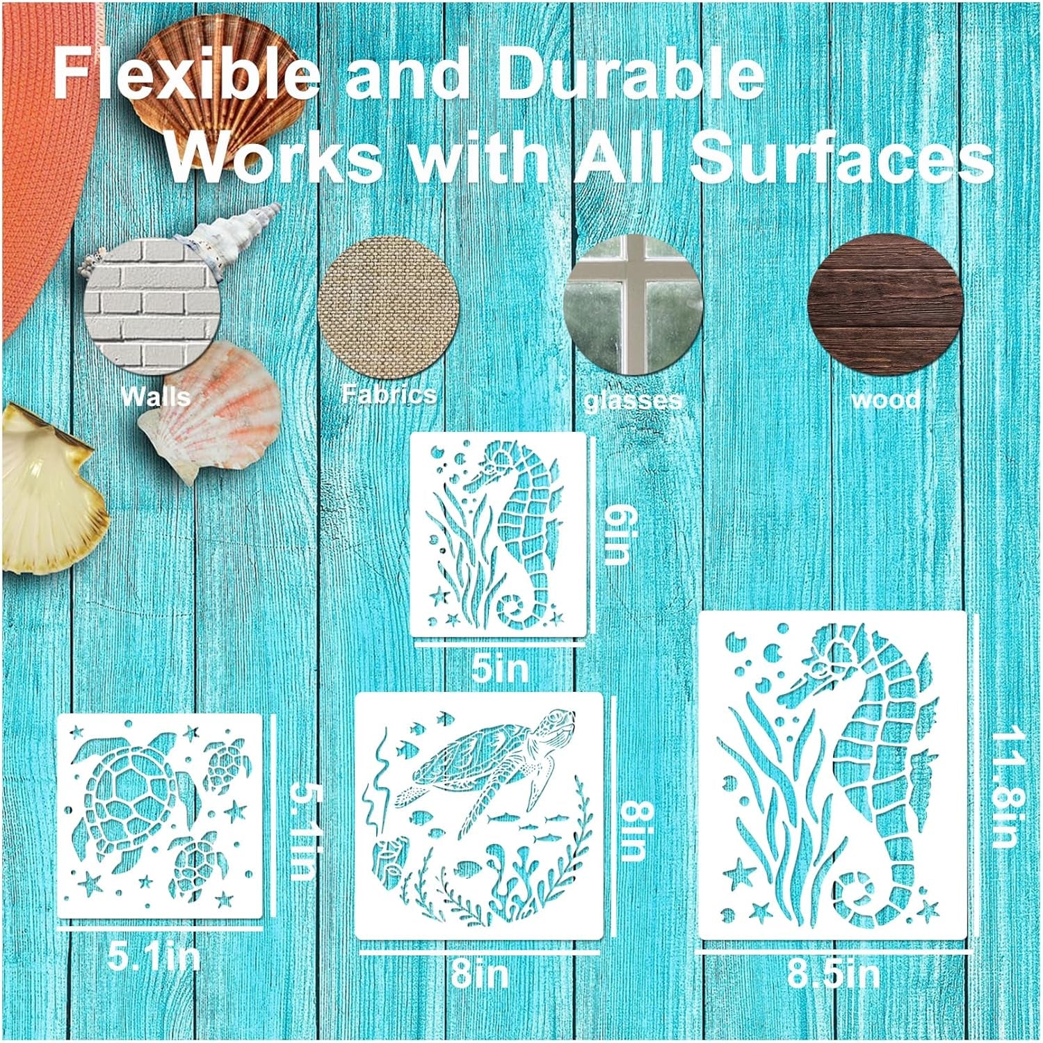 Ocean Stencils for Painting on Wood Turtle Seahorse Starfish Jellyfish Templates for Art Crafts Plastic Reusable Wood Burning Stencils for Wall Canvas (Sea)