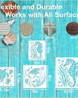 Ocean Stencils for Painting on Wood Turtle Seahorse Starfish Jellyfish Templates for Art Crafts Plastic Reusable Wood Burning Stencils for Wall Canvas (Sea)