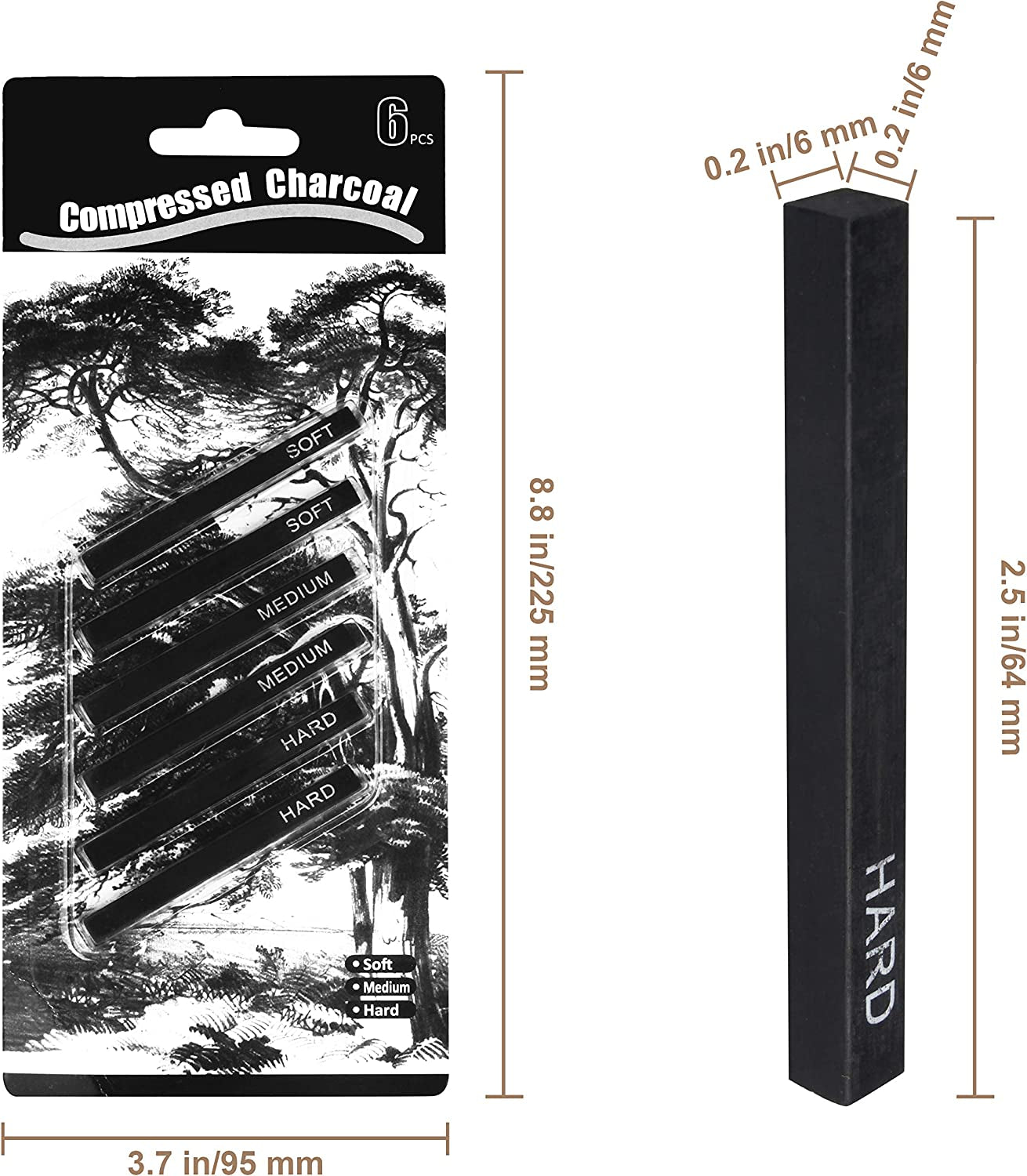 Compressed Charcoal, Square Vine Charcoal Sticks for Drawing, Pack of 6 (2 Soft, 2 Medium and 2 Hard)