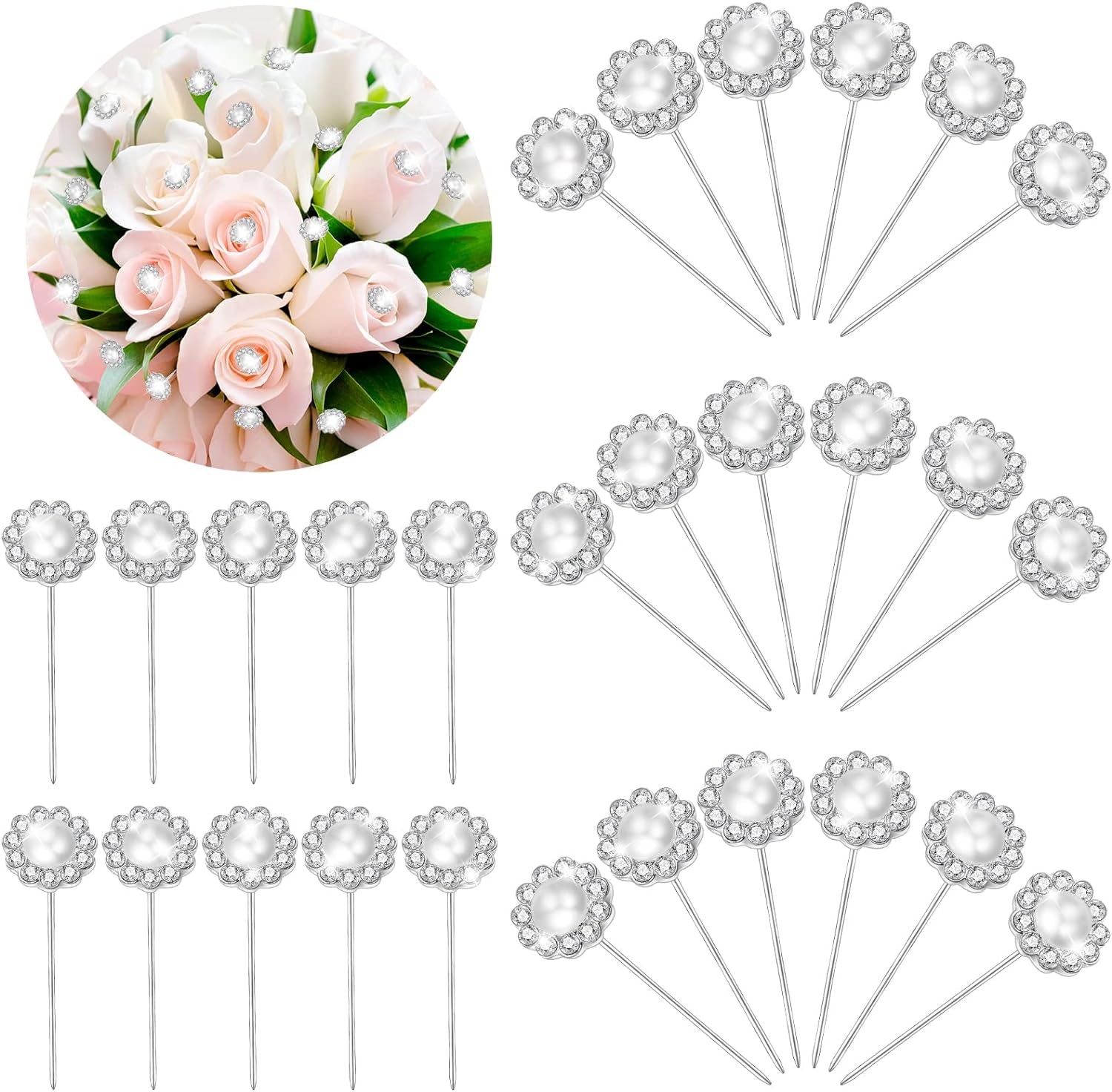 36 Pack Bouquet Pins Flower Pin round Diamond Crystal Floral Pins Rhinestone Wedding Corsages Pins Diamond Head Straight Pin for Wedding Bridal Jewelry Decoration (Glitter Style)