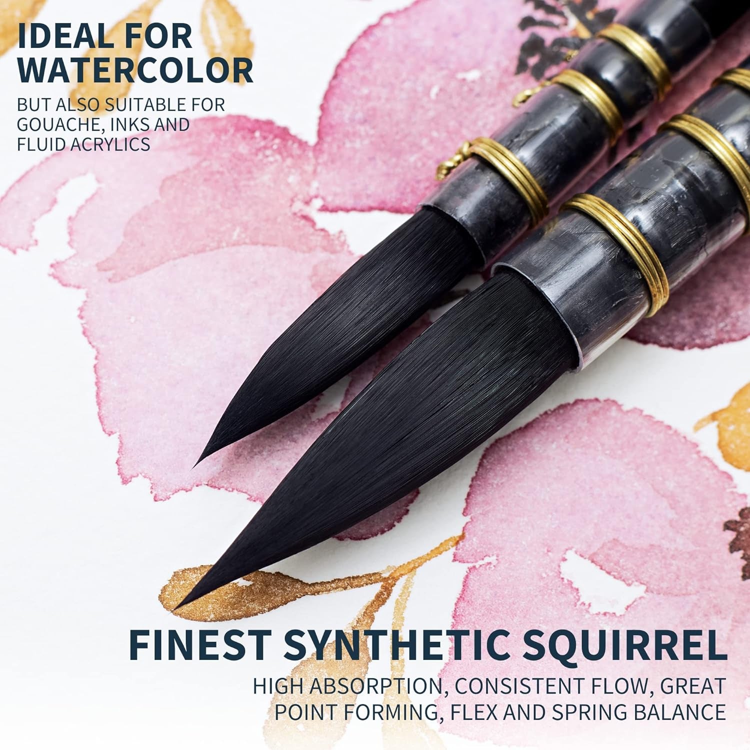 Watercolor Brush Set - Sizes 2, 6 - round Quill Fine Tip Mop Brushes, Soft Synthetic Squirrel Hair, Short Handles for Professional Artists - Water Color Paint, Gouache, Ink