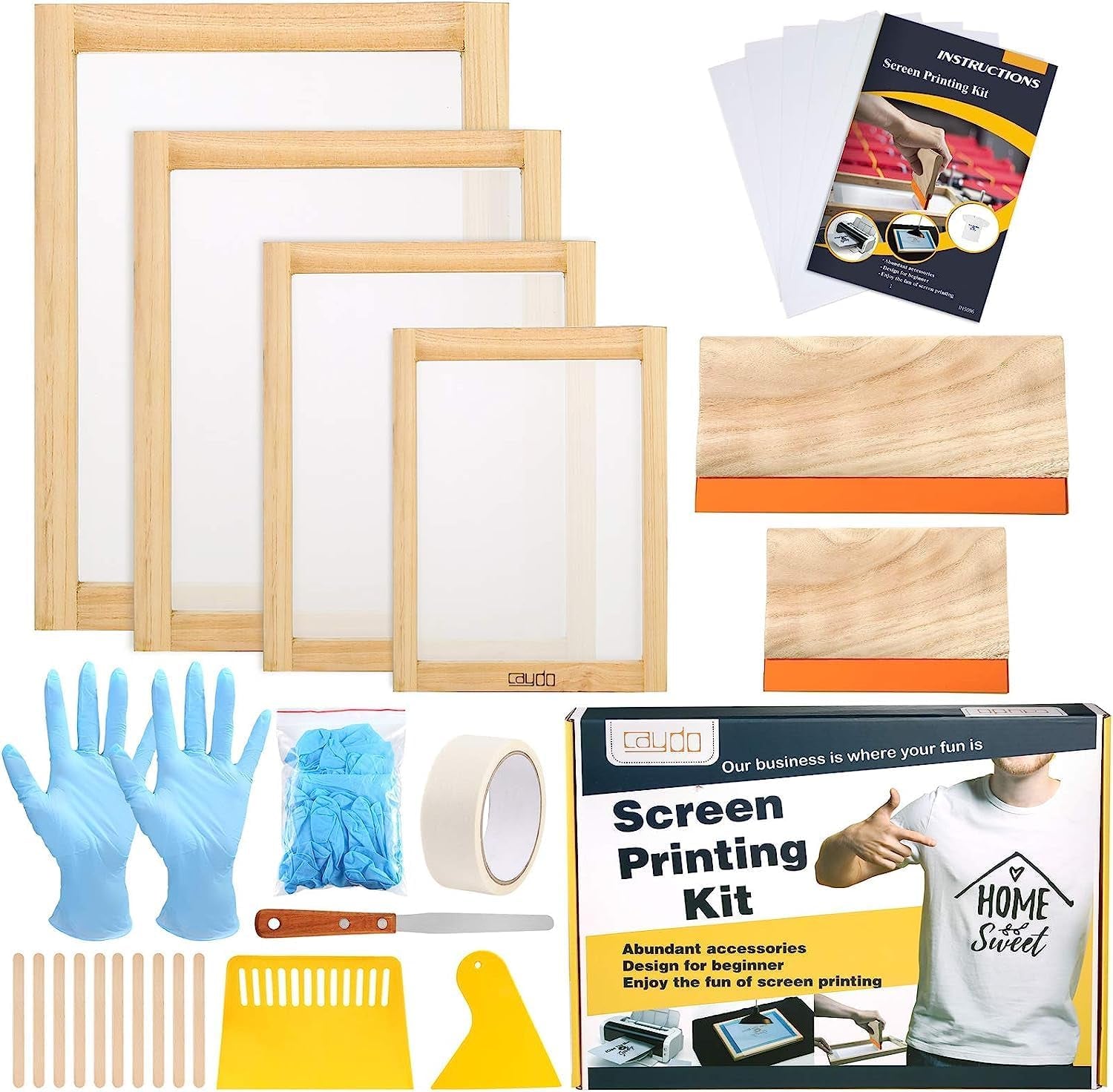 31 Pieces Screen Printing Starter Kit Include 4 Different Size of Wood Silk Screen Printing Frame with 110 Mesh, Squeegees, Inkjet Transparency Film, Ink Knife, Gloves and Mask Tape