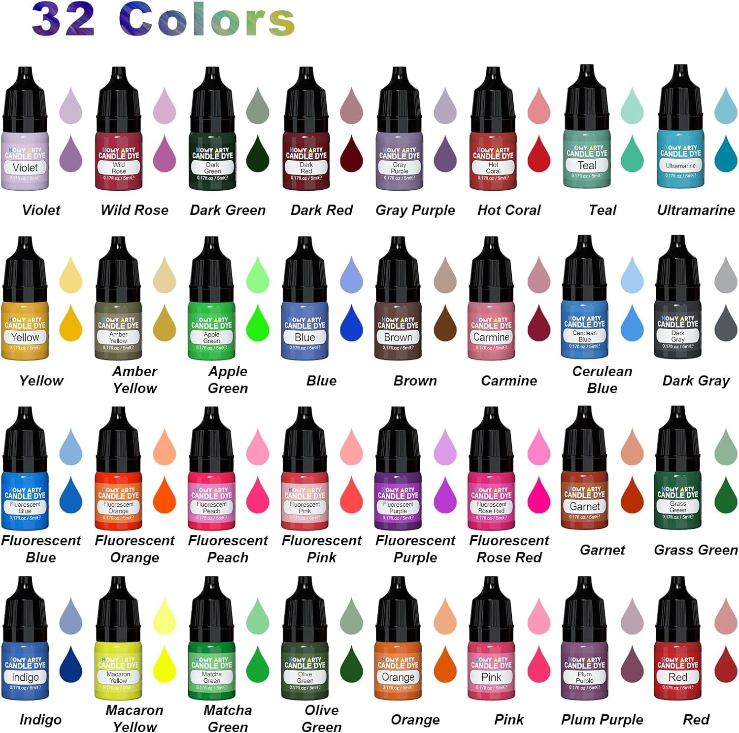 Candle Dye - 32 Colors Candle Wax Dye, Highly Concentrated Candle Color Dye, Oil-Based Liquid Candle Dye for Soy Wax, Candle Making - 5Ml Each