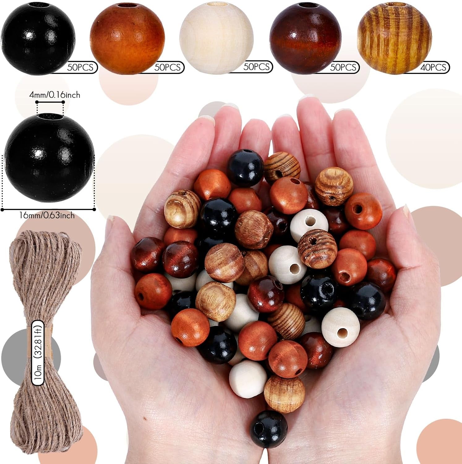 240Pcs Farmhouse Rustic Fall Wood Beads Natural round Wooden Beads Colorful Wood Beads with Hemp Rope Handmade Polished Boho Beads for Home Decor DIY Crafts Bracelet Necklace Making Supplies