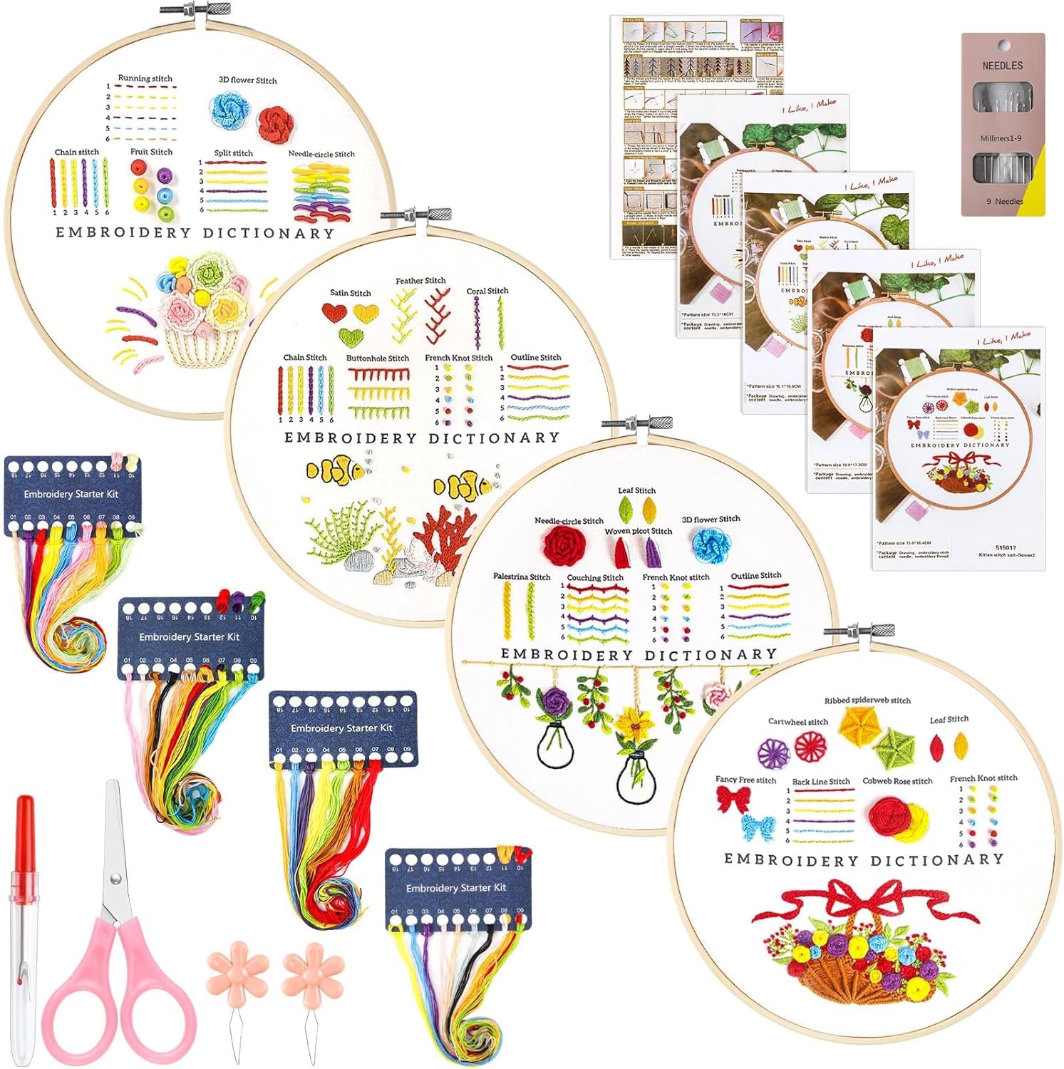 4 Pack Flower Embroidery Kit for Beginners with Pattern and Instructions, Cross Stitch Kits Include 2 Wooden Embroidery Hoops Color Threads Needlepoint Kit for Adults