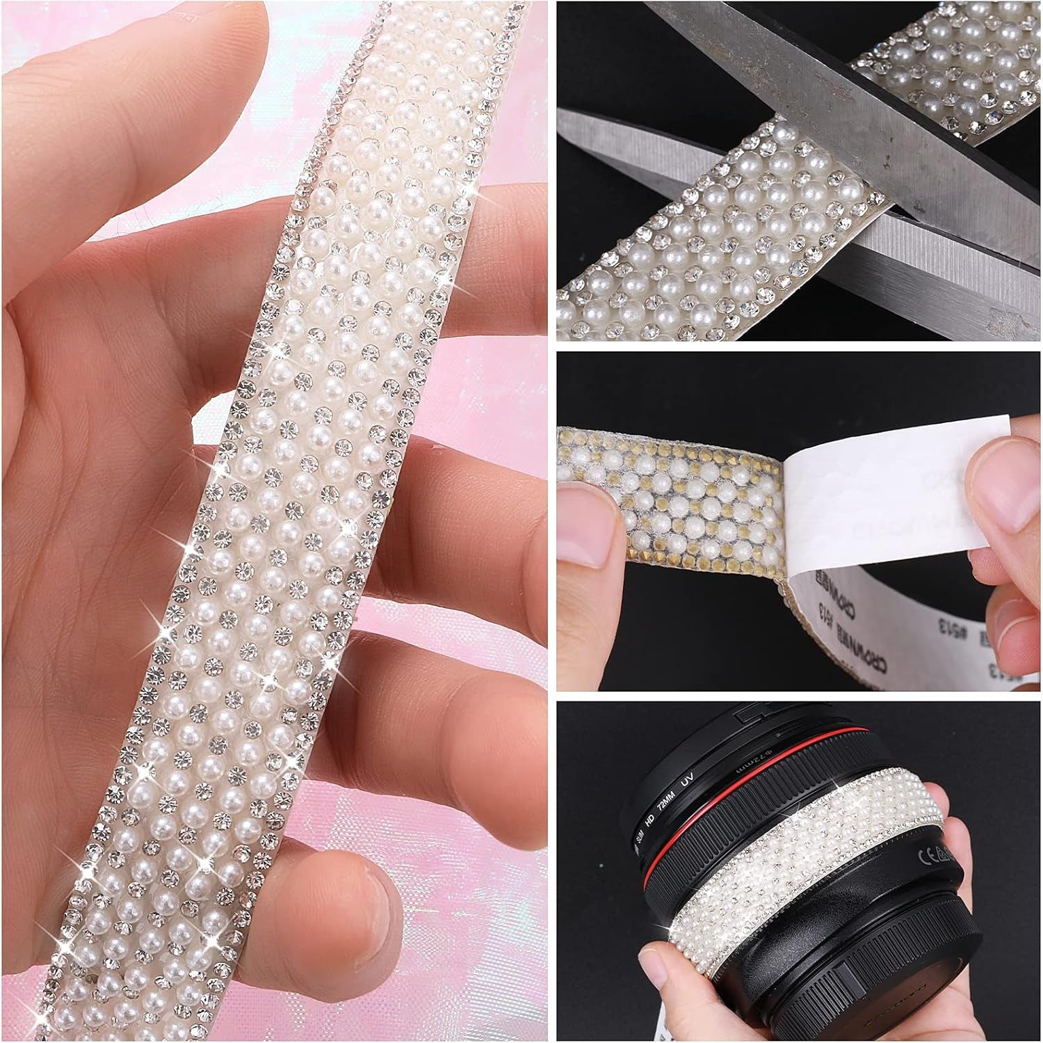 3 Rolls Pearl Ribbon Self Adhesive Pearl Rhinestone Ribbon Pearl Stickers Crystal Pearl Strips Rhinestone Strips Pearl Trim for Crafts DIY Wedding Birthday Party Phone Shoes Decoration