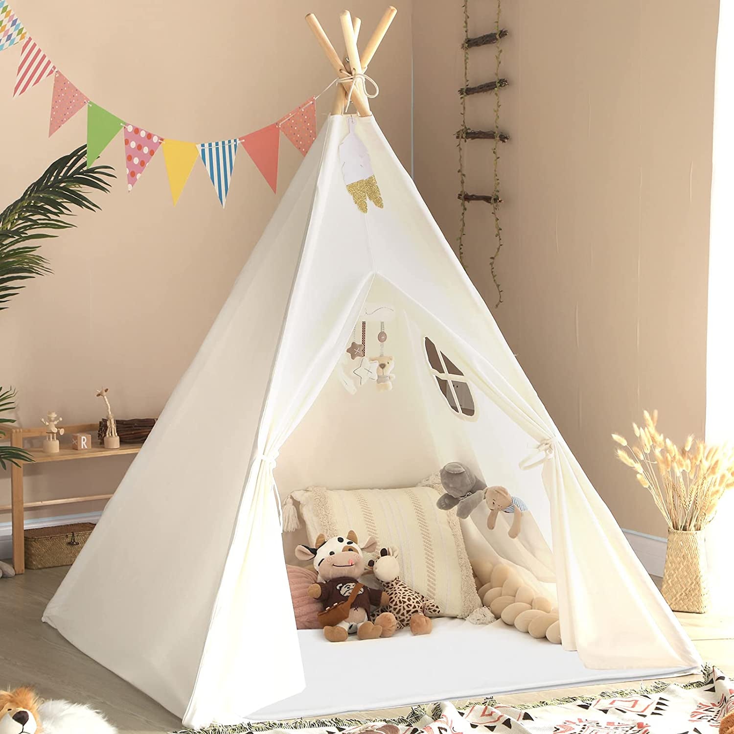 Teepee Tent for Kids with Carry Case, Natural Canvas Teepee Play Tent, Toys for Girls/Boys Indoor &amp; Outdoor Playing (White Teepee Tent)