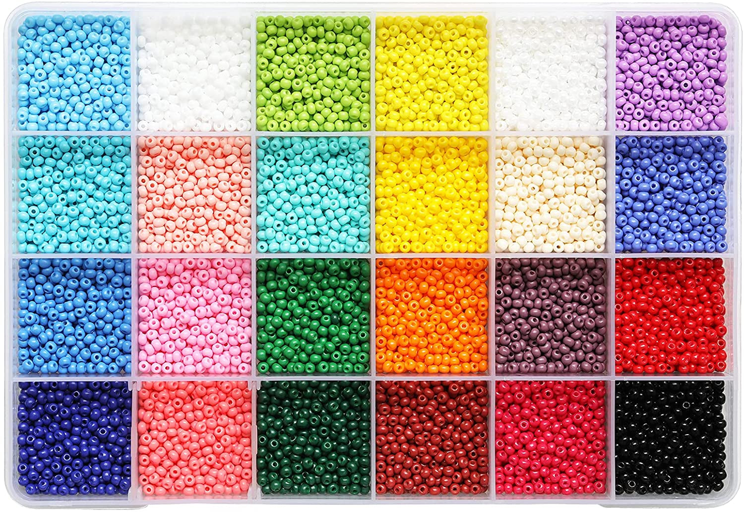 3Mm round Size Almost Uniform Glass Seed Beads with Beading Kit, about 7800Pcs in Box 24 Multicolor Assortment Size 8/0 Craft Seed Beads for Jewelry Making,(About 325Pcs/Color, 24 Colors)
