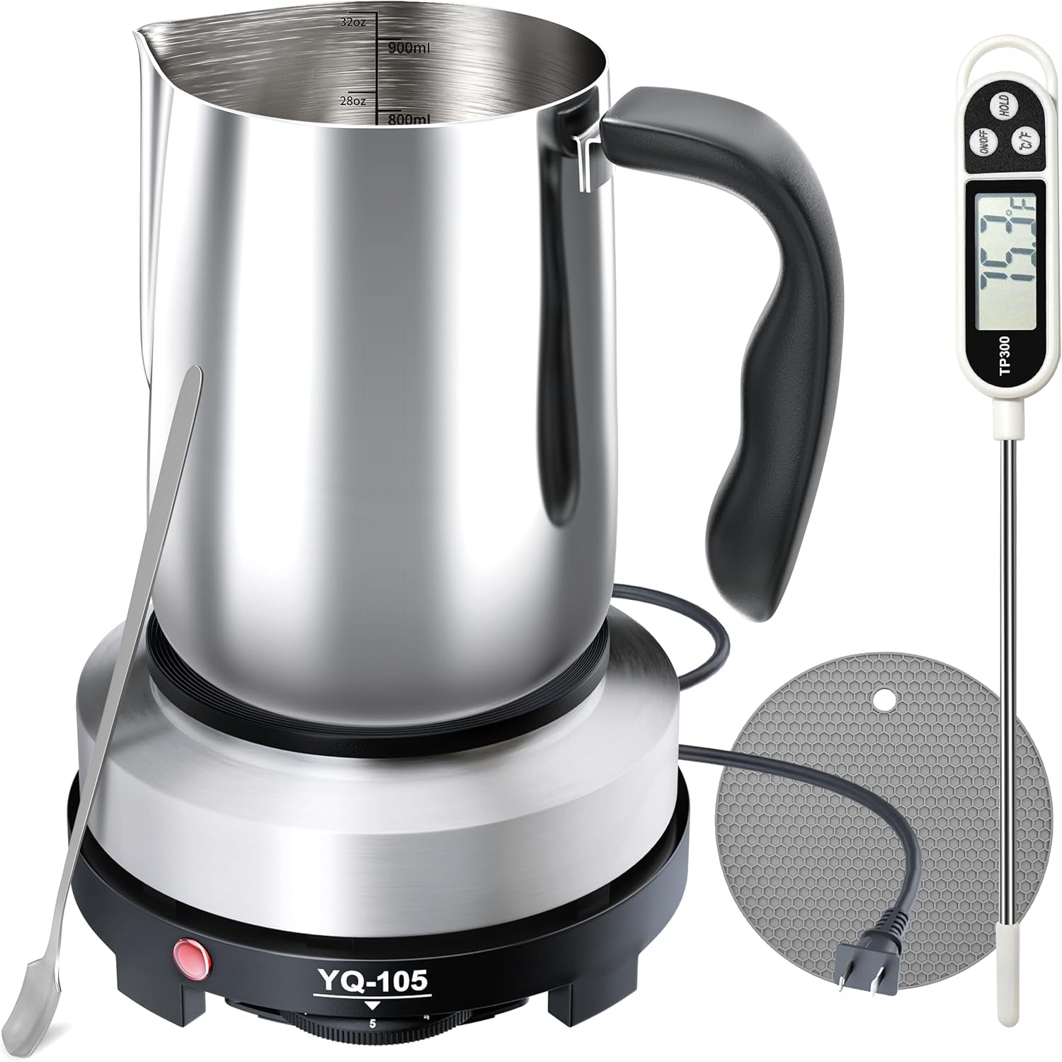 Candle Making Kit with Hot Plate, Candle Making Supplies with Wax Melting Pot, Stirring Spoon, Anti-Scalding Pad, Thermometer for Adults Beginners, Candle Making Pouring Pot