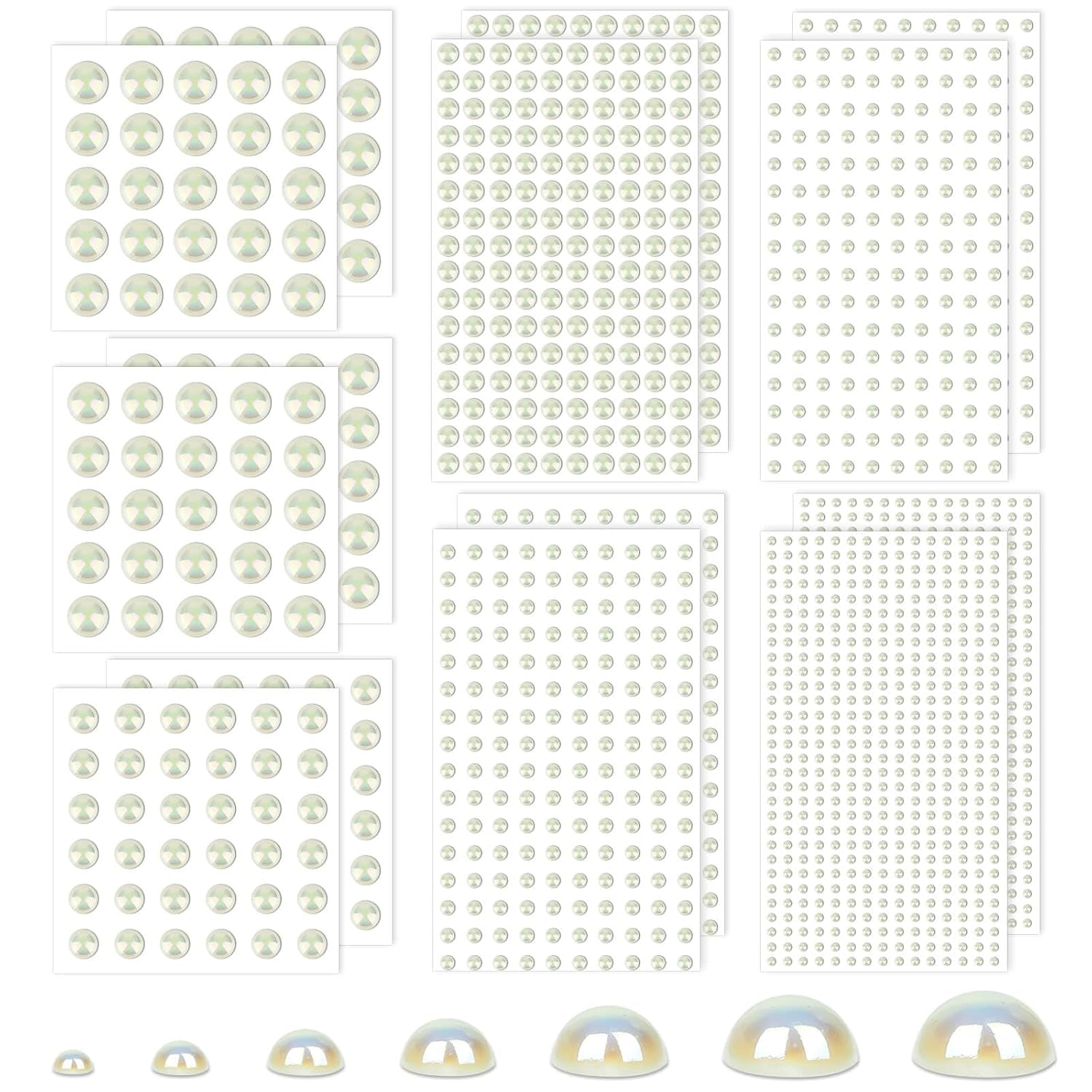 7 Sizes Self Adhesive Ivory White Hair Pearl Stickers,  2032 Pieces Stick on Pearls Gems for Hair, Face, Makeup, Eye, Crafts, Wedding