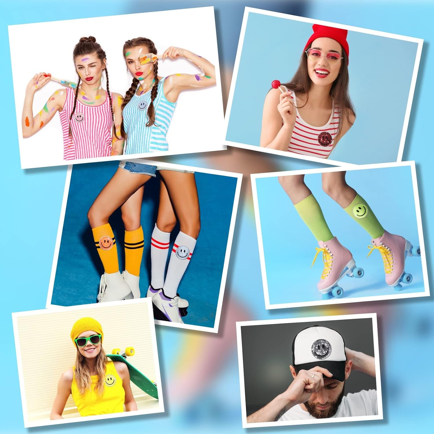 24 Pcs Smile Face Patch Iron on Patches 2 Inch Chenille Cute Preppy Happy Face Patches Glitter Heat Sequins Applique for Backpacks Hats Clothes Jackets Decorative DIY Craft(Sequin Style)