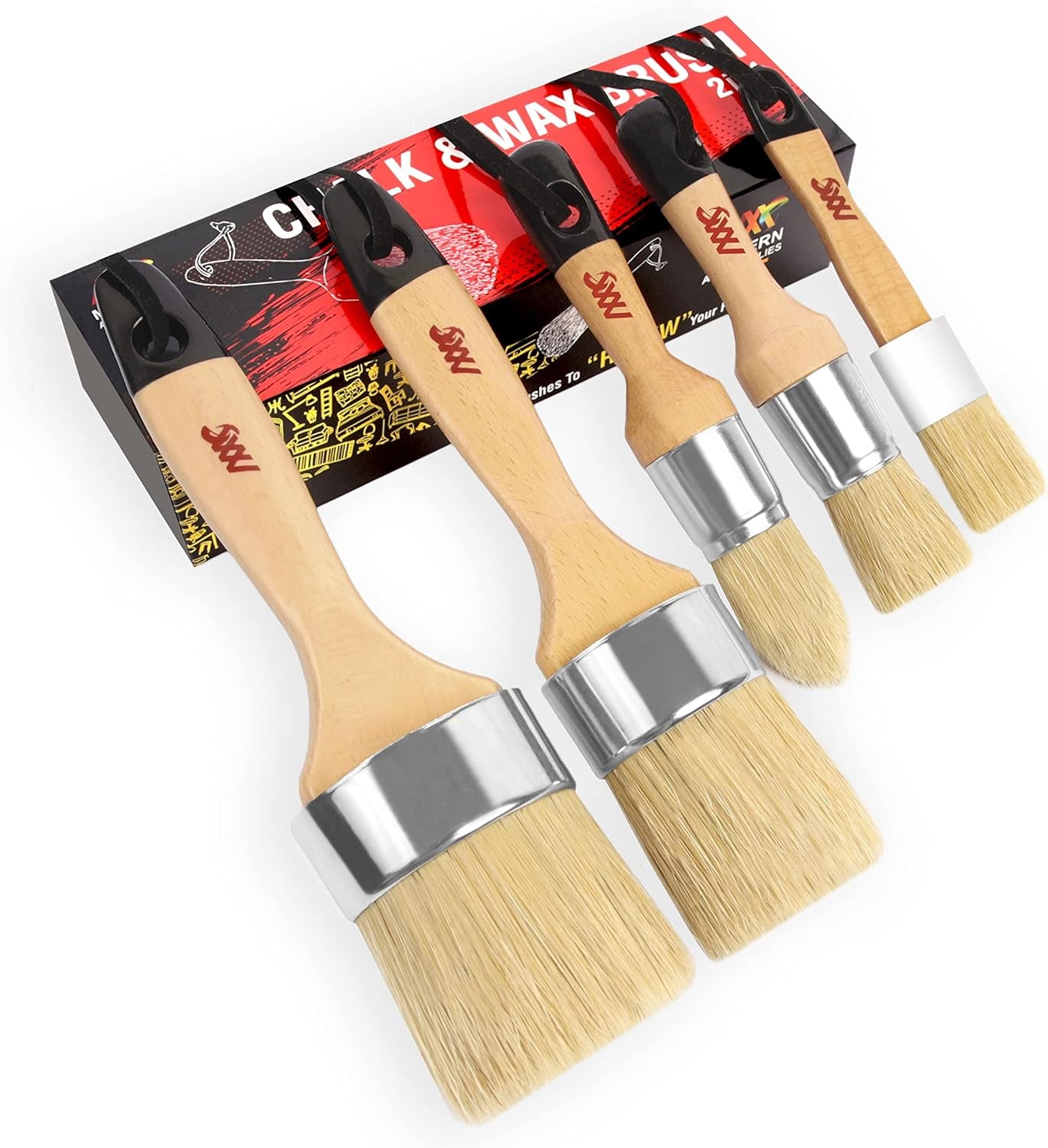 Chalk Wax Paint Brush 5Pcs Set Including 3 Small Paint Brushes for Furniture Painting and 2 Large Chalk Brushes, Bristle Paint Brushes Set Compatible with Annie Sloan Chalk Paint, Fusion Mineral Paint