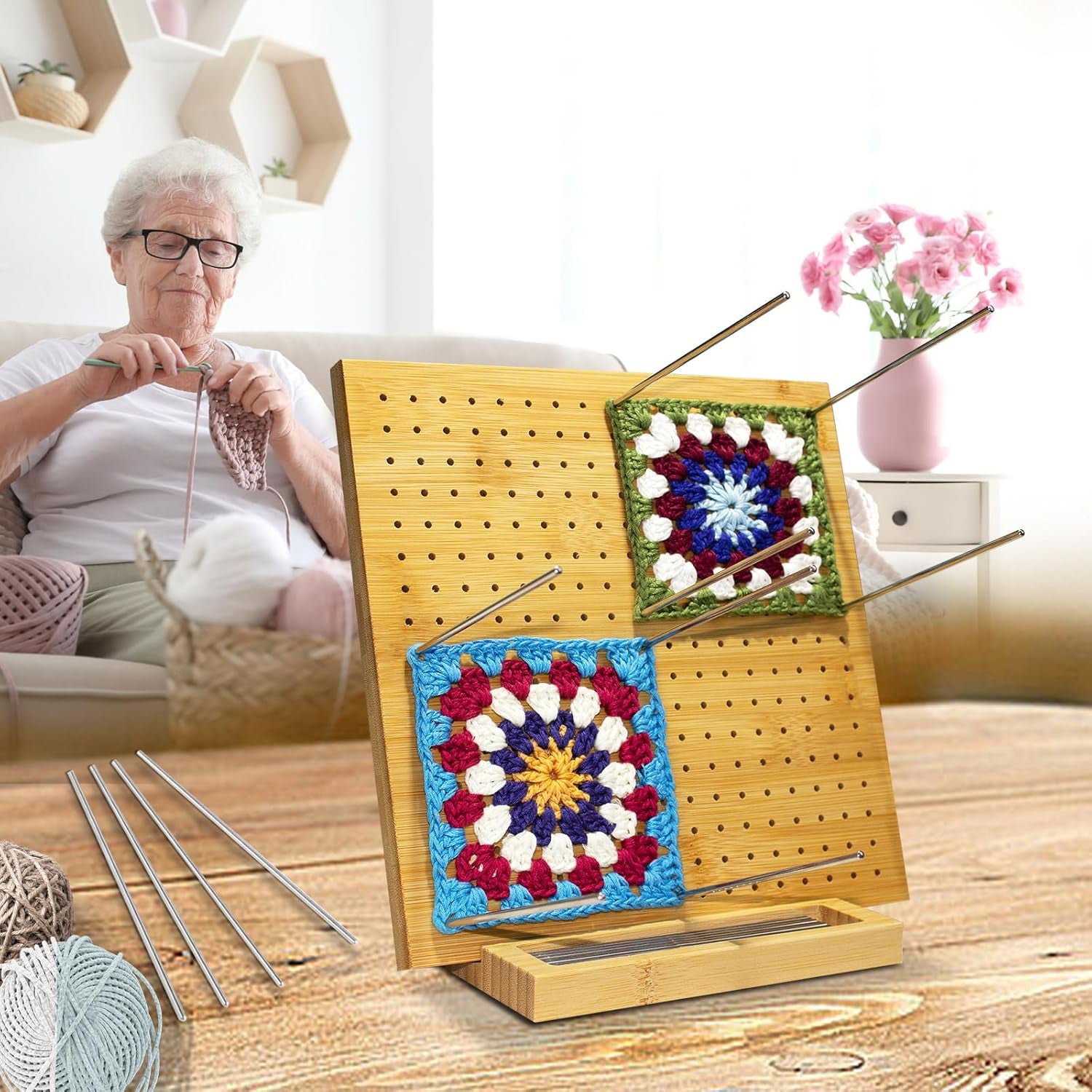 9 Inchs Crochet Blocking Board with 20 Pins, Handcrafted Knitting Blocking Mat for Knitting Crochet, Full Kit with 20 Stainless Steel Rod Pins, Gifts for Grandmothers, Mothers