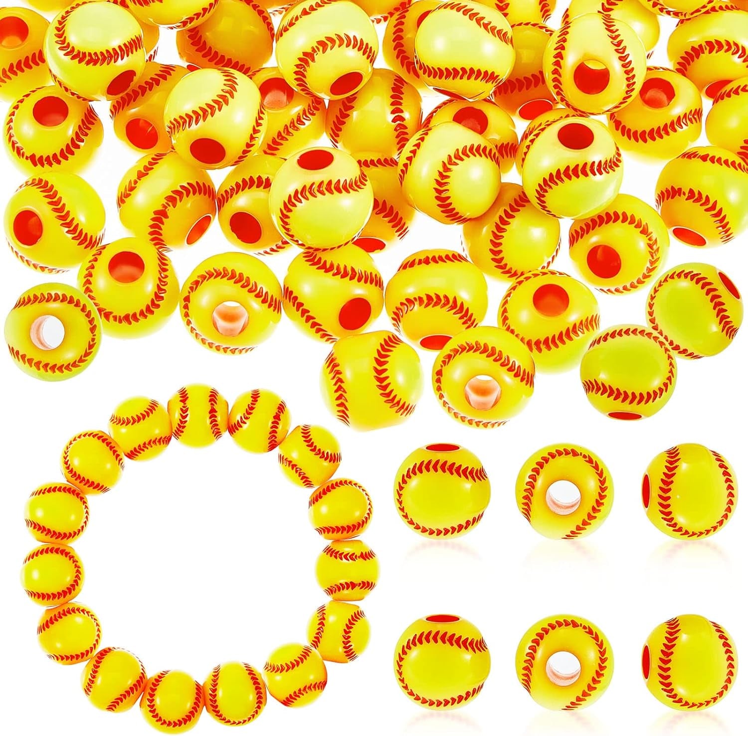 200 Pcs Baseball Beads with 1 Roll of Elastic Rope 10.5 Mm Acrylic Beads for Jewelry Making Softball Beads Sports Beads for Baseball Craft Supplies Acrylic Beads for DIY Making (Softball Style)