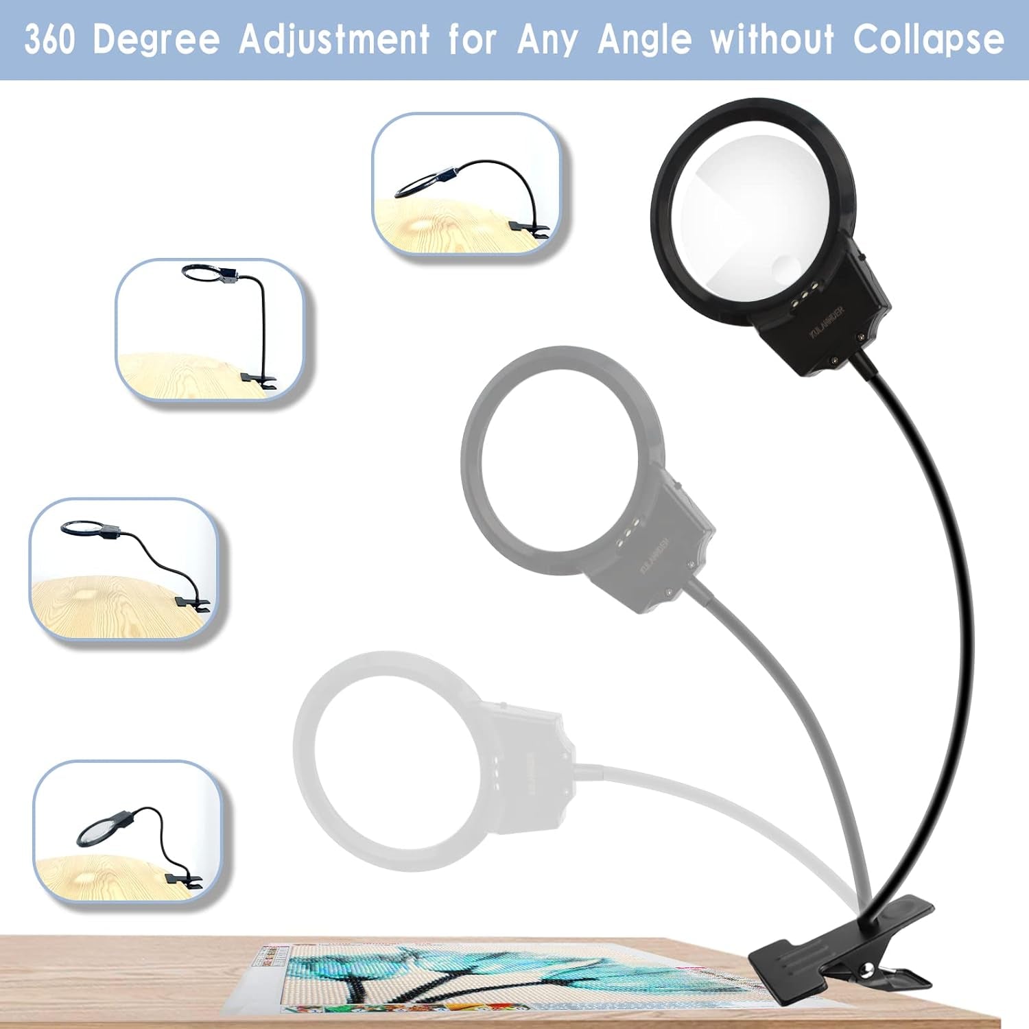5D Diamond Painting Tools, LED Light with Magnifiers for Diamond Painting, 4X &amp; 6X Magnifier LED Light with Clip and Flexible Neck, 5D Diamond Painting and Cross Stitch Tool Accessory Magnifier Lamp