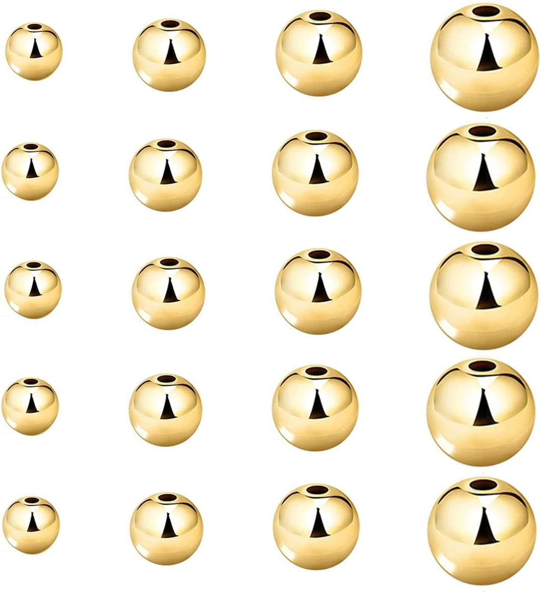 200 Pcs Mix 14K Gold Plated Beads Smooth Little round Spacer Beads Brass Long-Lasting Tarnish Resistant Seamless Loose Beads for DIY Bracelet Jewelry Making (3/4/5/6Mm-Gold)