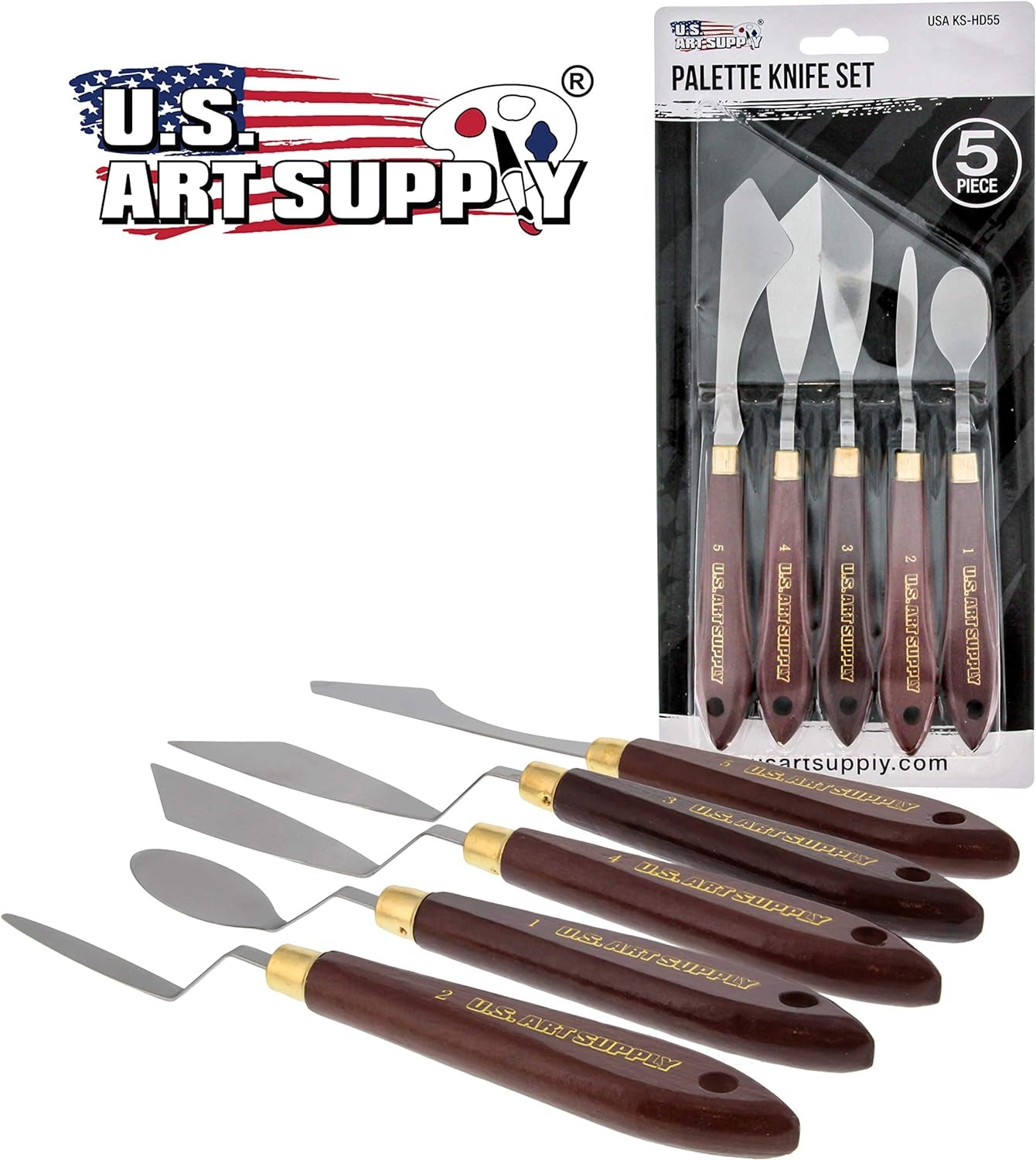 5-Piece Artist Stainless Steel Palette Knife Set - Wood Hande Flexible Spatula Painting Knives for Color Mixing Spreading, Applying Oil, Acrylic, Epoxy, Pouring Paint on Canvases, Cake