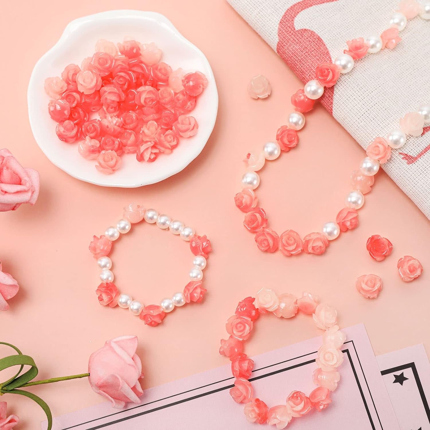 50Pcs Rose Beads Pink Shell Rose Carved Loose Beads Floral Cameos Spacer Bead for Buddha Mala Jewelry Making Necklace Bracelet Supplies Scrapbooking DIY Crafts Wedding Decors