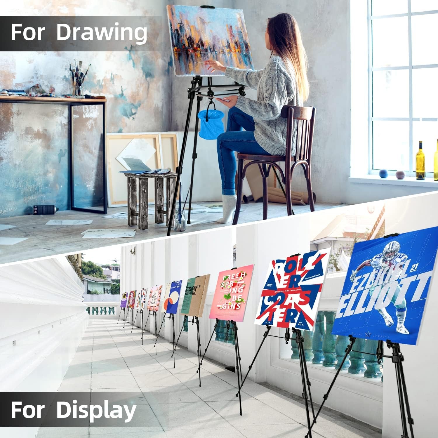 Artist Easel Stand Painting Stand Art Easel, 20"To 61" Art Easel for Painting Canvase &amp; Displaying, Aluminum Adjustable Height Display Tripod with Portable Bag/Folding Keg/Apron.(Black)