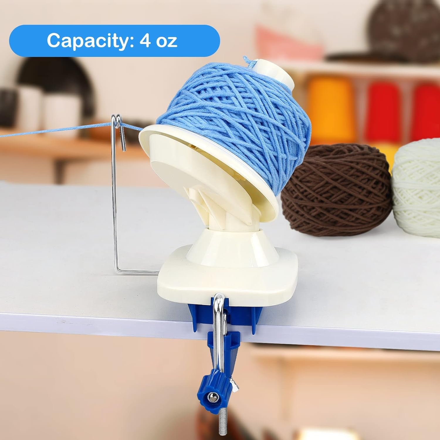 Needlecraft Yarn Ball Winder Hand Operated,Capacity 4-Ounce,Blue,Portable Package,Easy to Set up and Use,Sturdy with Metal Handle and Tabletop Clamp,Including 8 Sizes Crochet Hooks Set