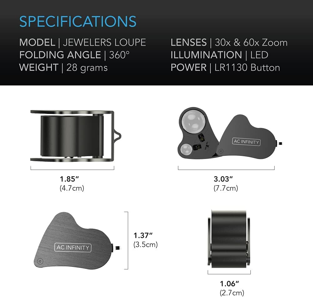 Jewelers Loupe, Pocket Magnifying Glass with LED Light & Dual Lenses, 30X 60X Zoom for Jewelry, Watches, Coins, Stamps, Plant Buds