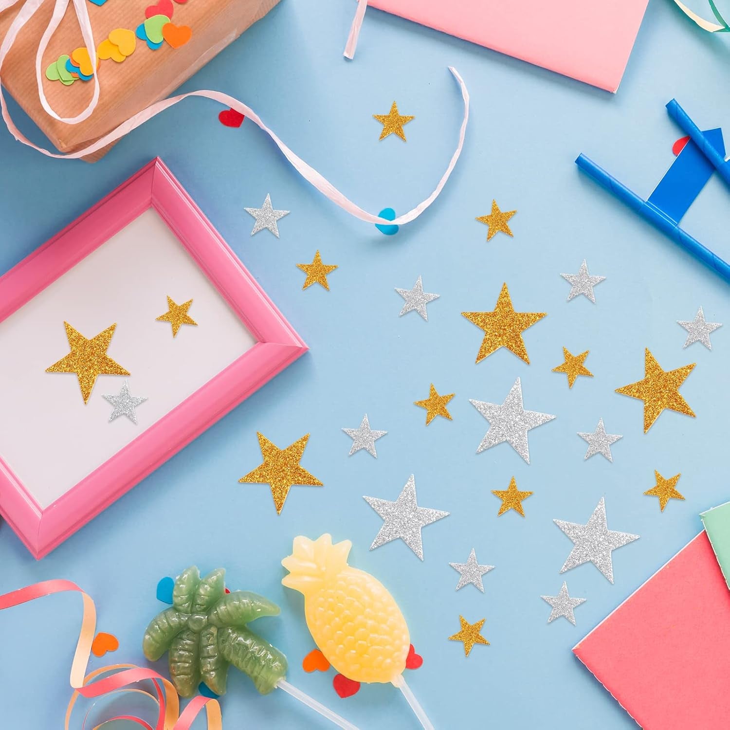 Glitter Star Foam Stickers - Sparkly Gold and Silver,Self Adhesive for Kids Crafts - Large & Small Sticky Stars Shape Pack of 208 PCS.