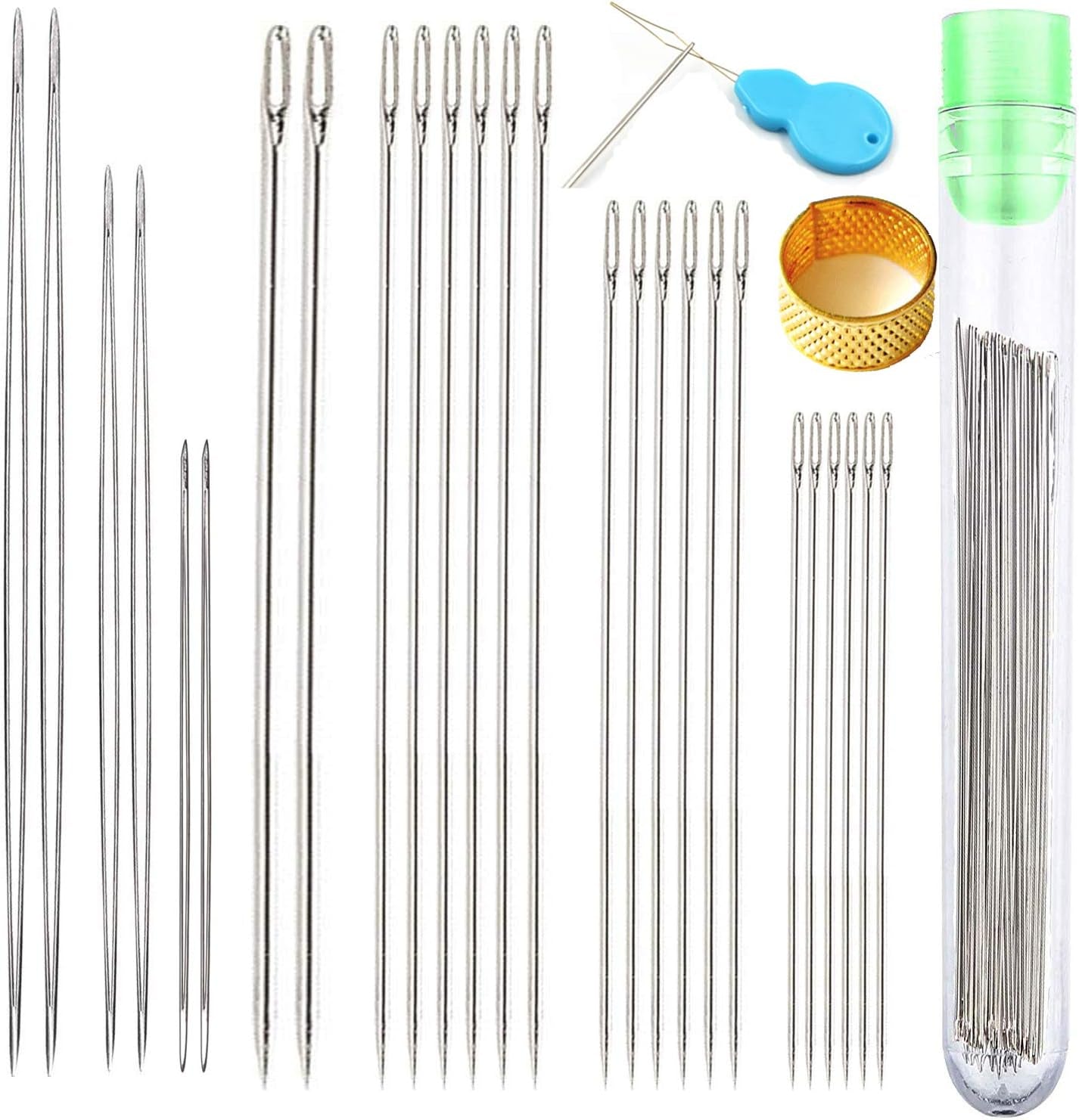 62 Pcs Assorted Beading Needles Including 12 Pcs Big Eye Beading Needles + 50 Pcs Extra Thin Golden Eye Beading Thread Needles with Storage Box, Golden, Silvery (BD-12-50)
