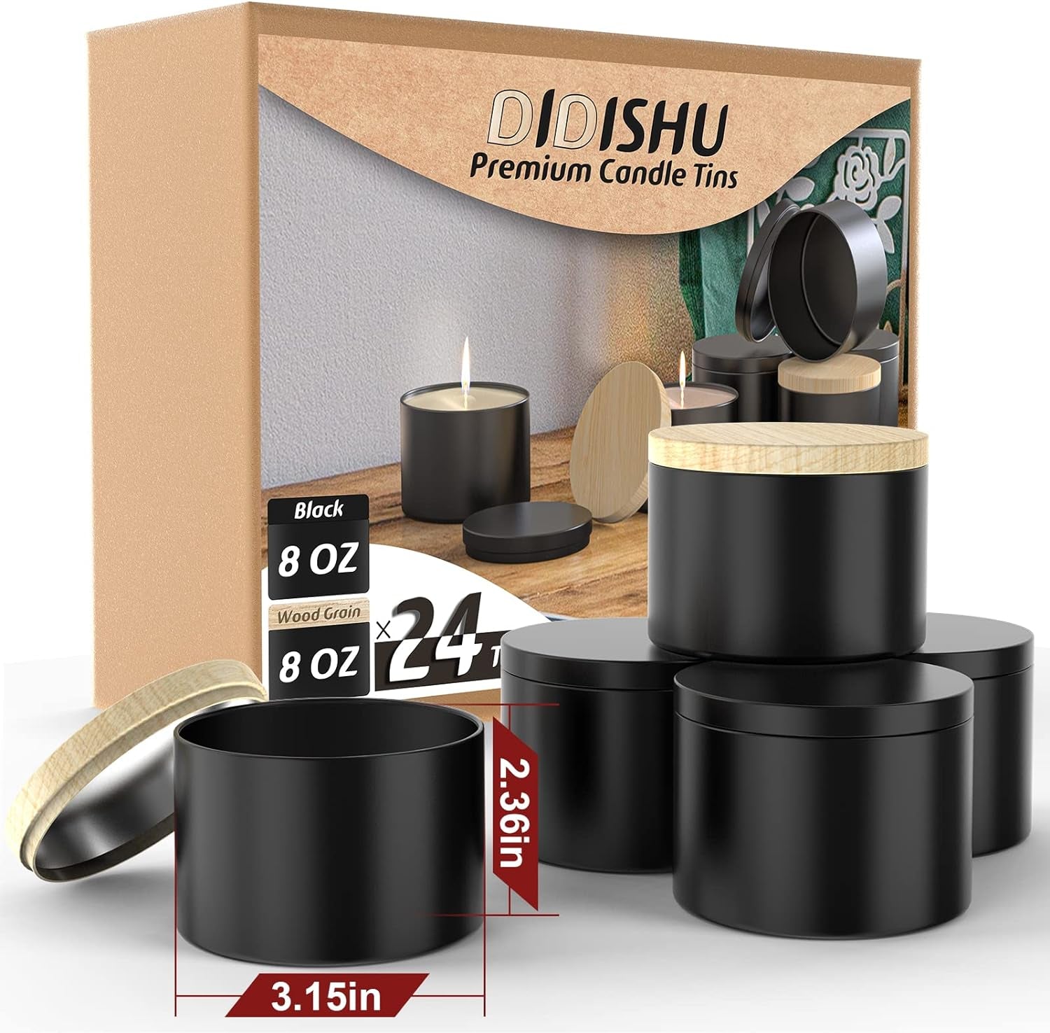 Upgraded 24 Pack Candle Tins 8 Oz with Lids, Bulk Empty Candle Jars for Making Candles, Premium Metal Candle Containers, round Candle Vessels Kit for Adults DIY Candle Making (Black and Wood Grain)