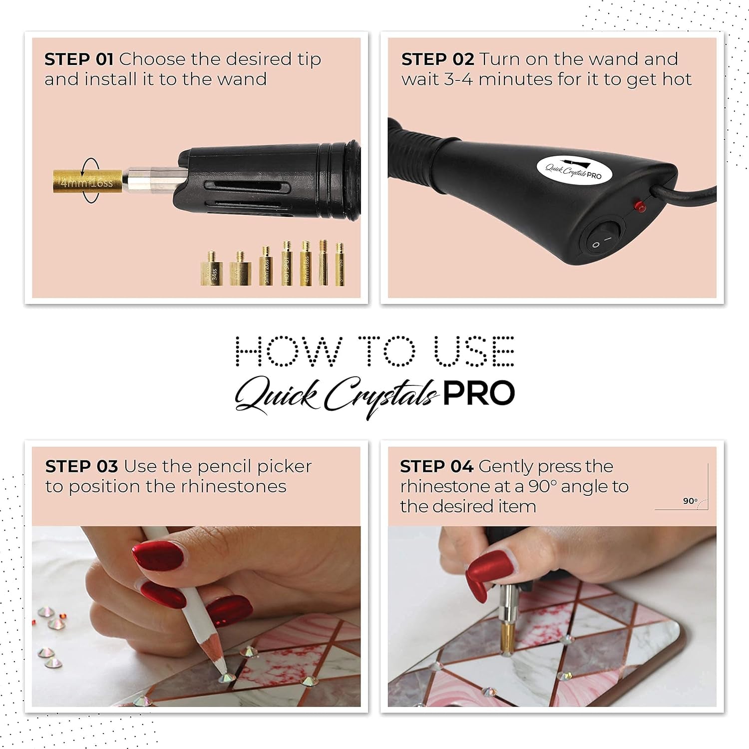 Hotfix Applicator, , Bedazzler Kit with Rhinestones, DIY Wand Setter Tool Kit with 7 Different Tip Sizes, Tweezers, Cleaning Brush, User Manual, and 4400 Rhinestones - Black