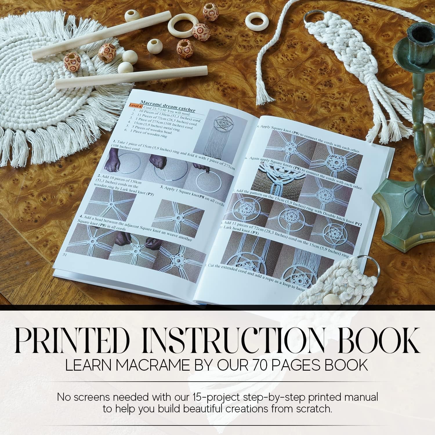 Macrame Kit for Beginners 153Pc, 15 Projects Book, 164Yd Cotton Macrame Cord, Wooden Beads &amp; Sticks, Wooden &amp; Metal Rings, Gift Box, Book &amp; Accessories, Perfect Macrame Starter Kit