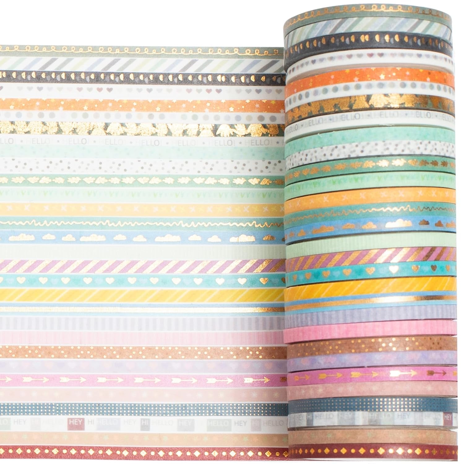 60 Rolls Skinny Washi Tape Set Gold Foil Masking Thin Basic Patterns Decorative Tapes for Arts, DIY Crafts, Journals, Planners, Scrapbook, Wrapping