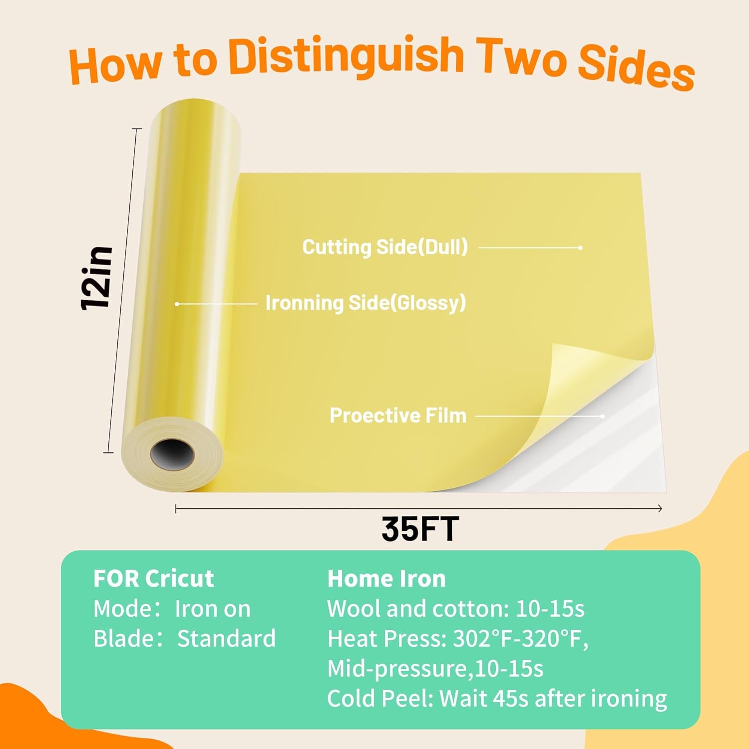 Dull Gold Iron on Vinyl, 12"X 35Ft HTV Heat Transfer Vinyl Compatible with Cricut and Other Cutter Machine, Vinyl Heat Transfer for Shirts, HTV Vinyl Roll for Heat Vinyl Design