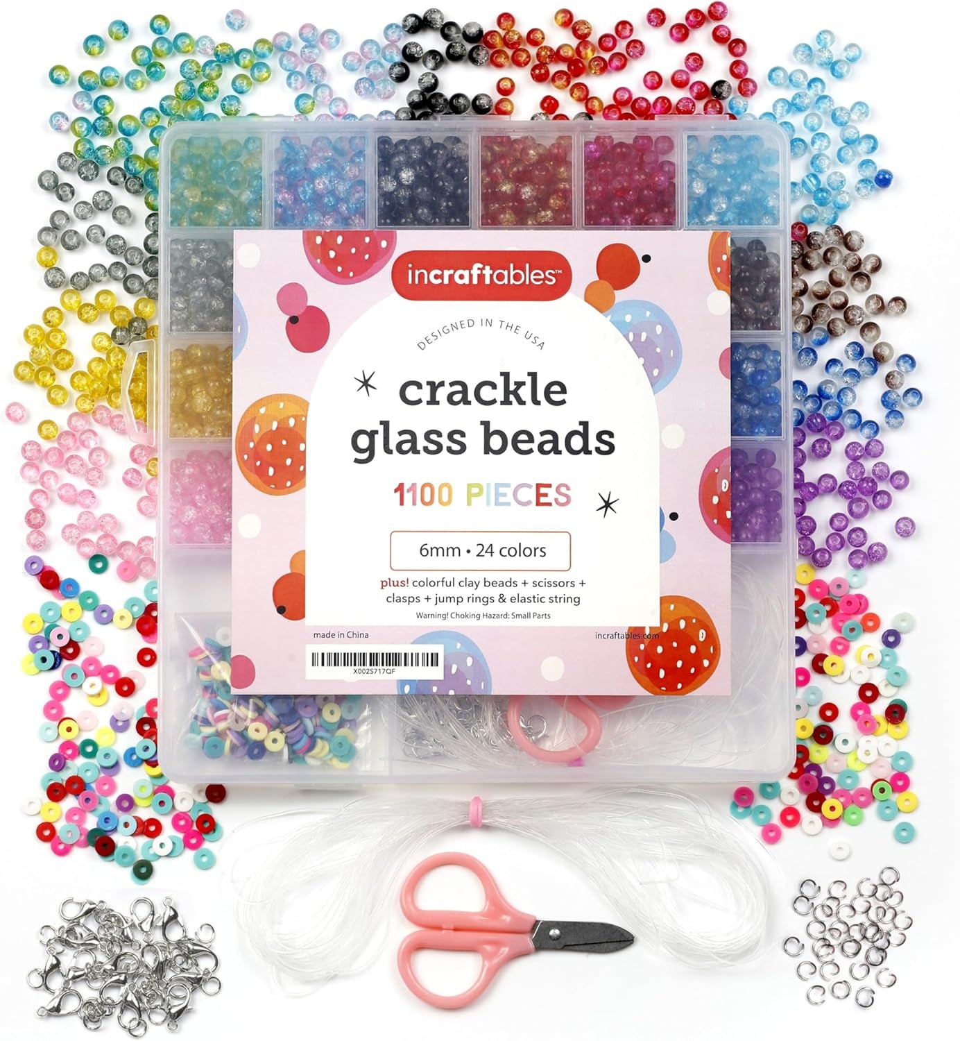 Crackle Glass Beads 1100Pcs 24 Colors. Crystal Glass Beads for Jewelry Making Bulk Kit (6Mm). Lampwork Glass Beads for Bracelets Making for Kids & Adults with Elastic String & Organizer.