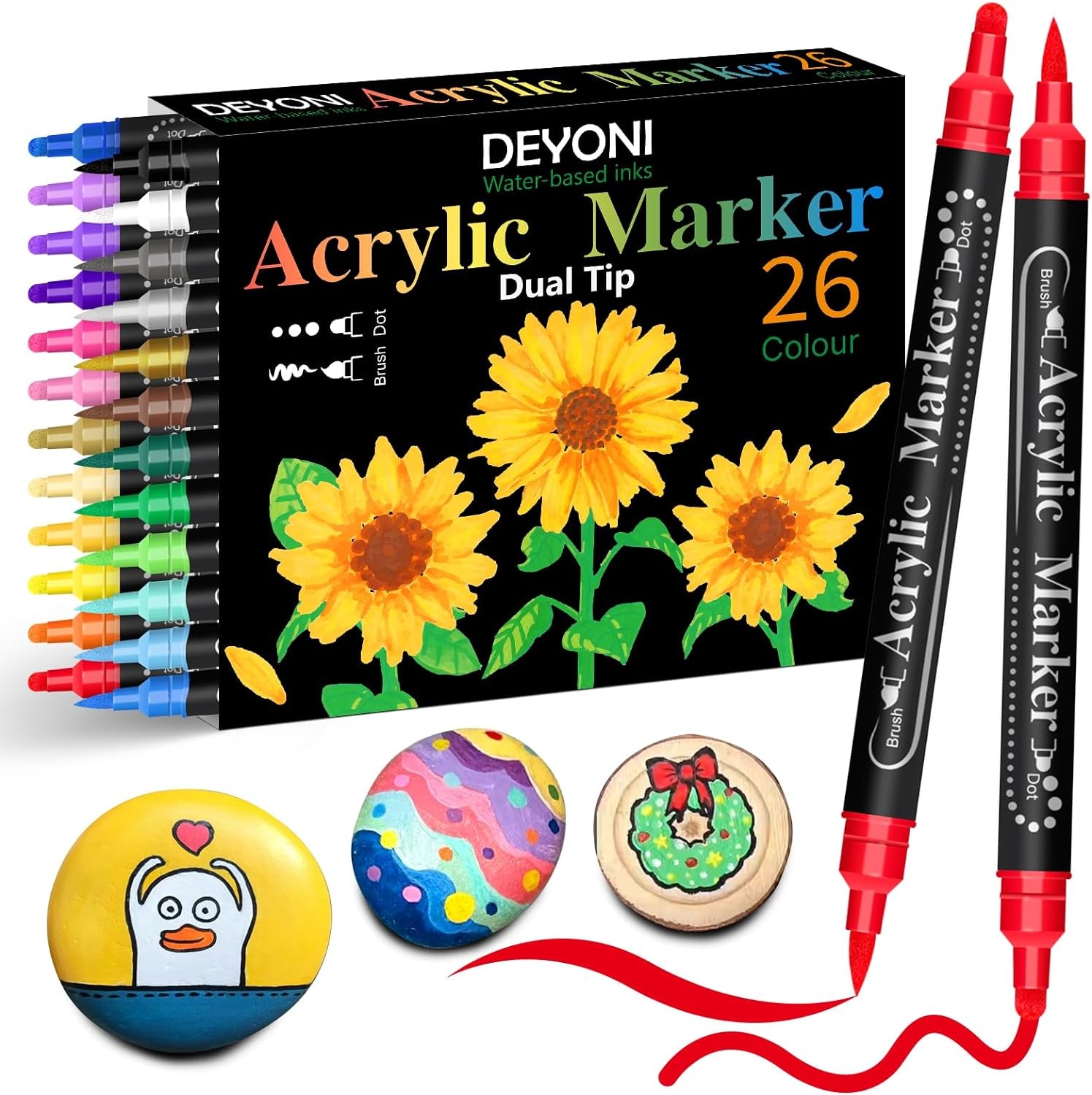 Dual Tip Acrylic Paint Pens, 26 Colors, Medium and Brush Tips, Ideal for Rock Painting, Ceramic, Wood, Plastic, Calligraphy, Scrapbooking, Card Making, DIY Crafts