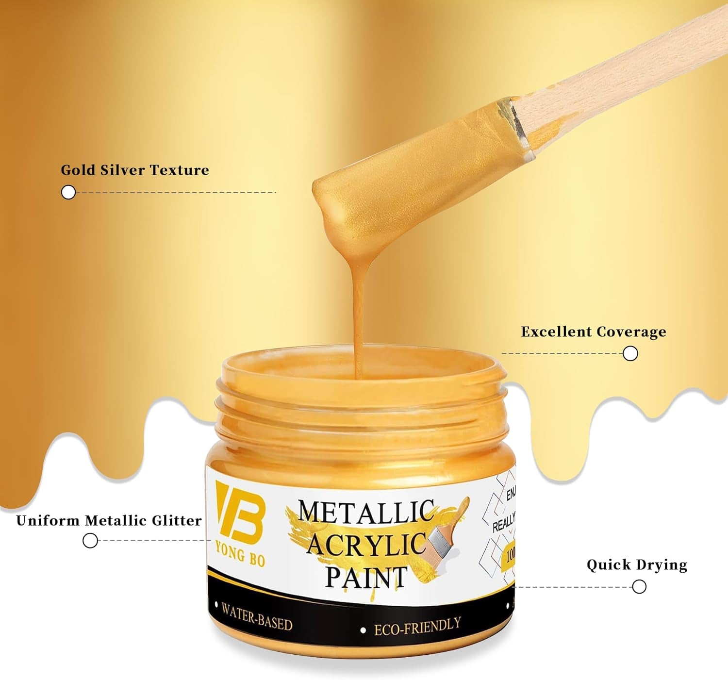 Metallic Gold Acrylic Paint, 100Ml Gold Paint, Gold Leaf Paint for Metal, Wood, Headstone, Painting, Non Toxic Non Fading