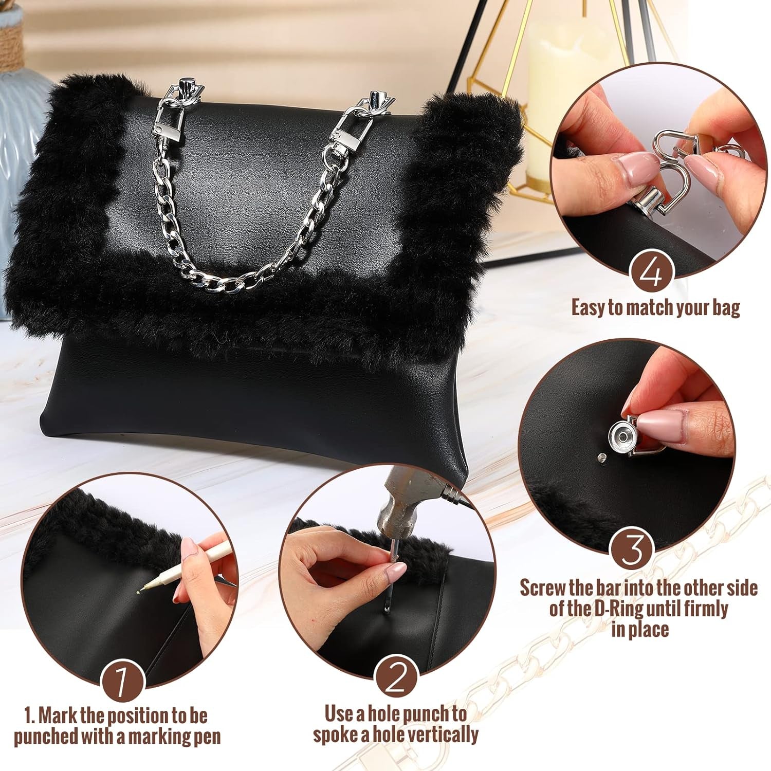 4 Pcs Purse Chain Strap Extender 7.9 Inch Purse Chain and 8 Pcs Studs Rivets D Ring, Flat Purse Strap Extender with Post Head Buttons Bag Making Supplies with Hole Punch for DIY Wallet, Gold, Silver