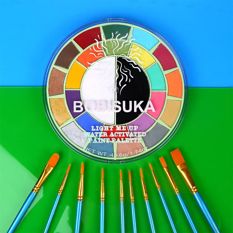 Face Body Paint Kit - 25 Colors Water Activated Painting Makeup Palette + 10 Blue Artist Paint Brushes Set Large Black &amp; White Ideal for Halloween, SFX, Theater, Cosplay, Parties and Costume