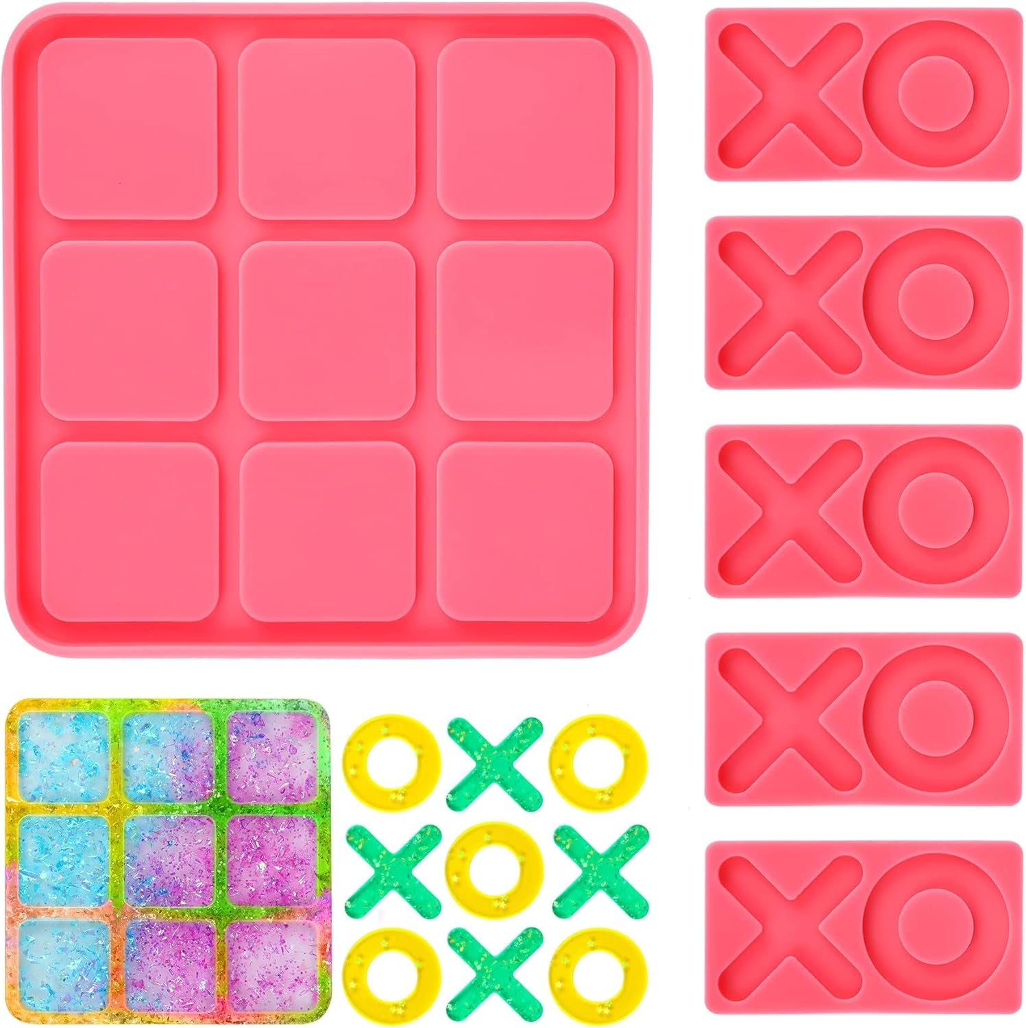 Tic Tac Toe Resin Mold with 5 Chess Pieces Molds, X O Board Game Silicone Molds for Resin Casting,Diy Tabletop Board Game