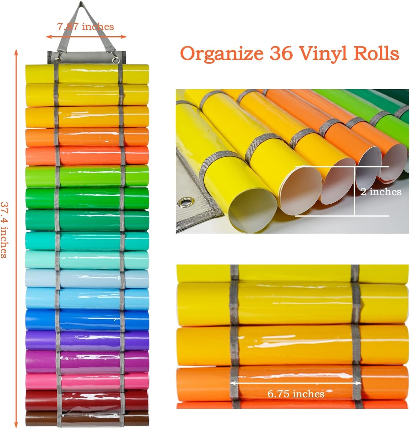 Vinyl Roll Holder - 36 Compartments Vinyl Storage Organizer with 7 Mesh Pockets Storage, Wall Mount/Over the Door Vinyl Roll Storage, with 2 Hooks and 2 Hanging Straps (Grey)