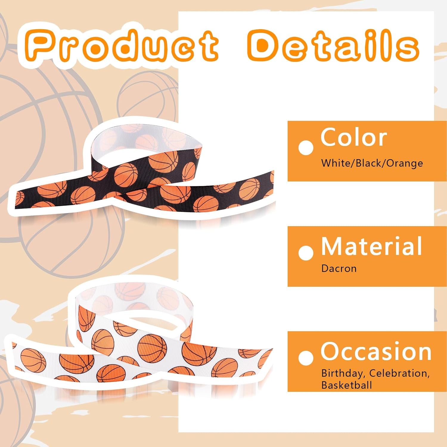 2 Rolls 10 Yards Basketball Ribbon, Basketball Grosgrain Ribbon Cheer Ribbon Pattern Wrapping Ribbon Softball Ribbon for Crafts Cheer Bows Team Uniform Sewing and More