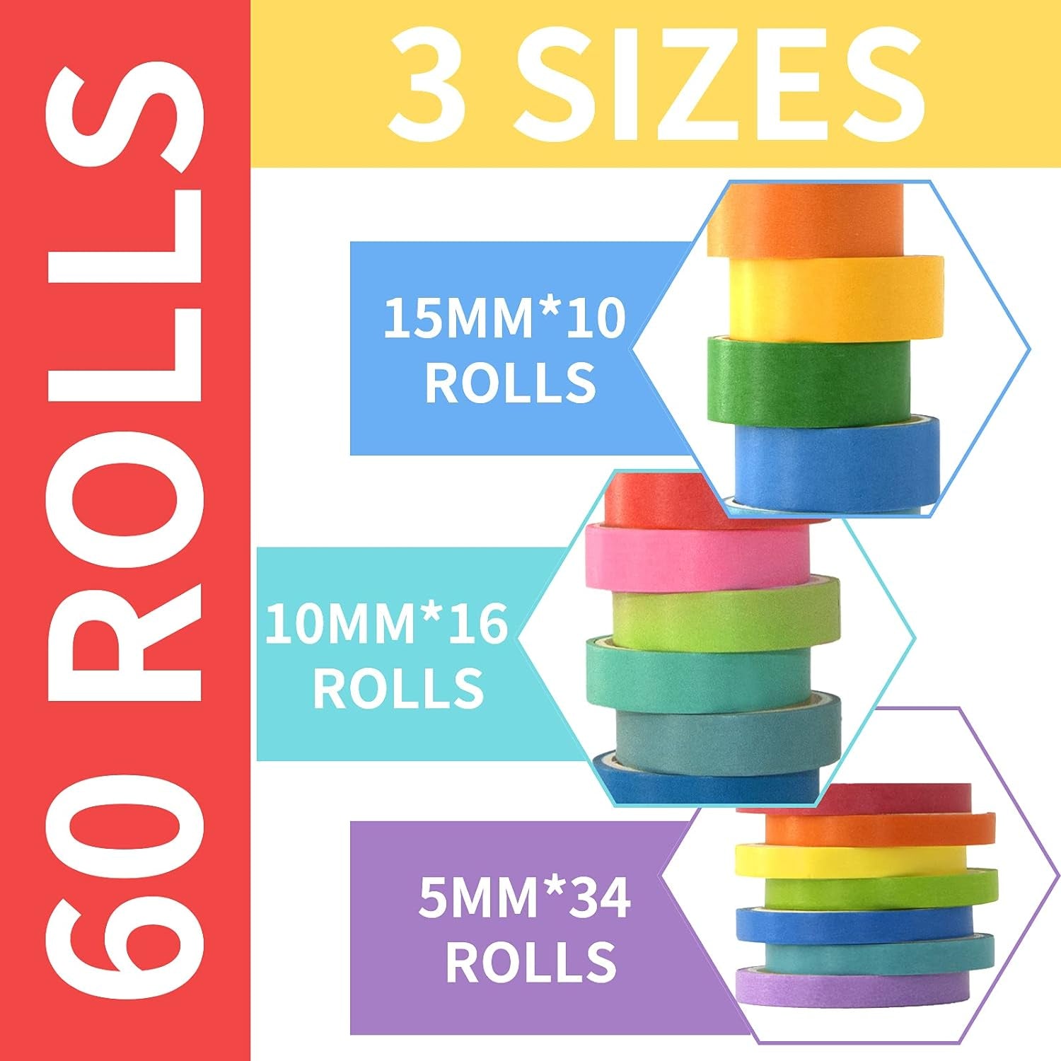 3 Sizes 60 Rolls Washi Tape Set - Colored Rainbow Decorative Masking Tape, Scrapbook DIY Crafts Gift Wrapping Planners, 5Mm/10Mm/15Mm
