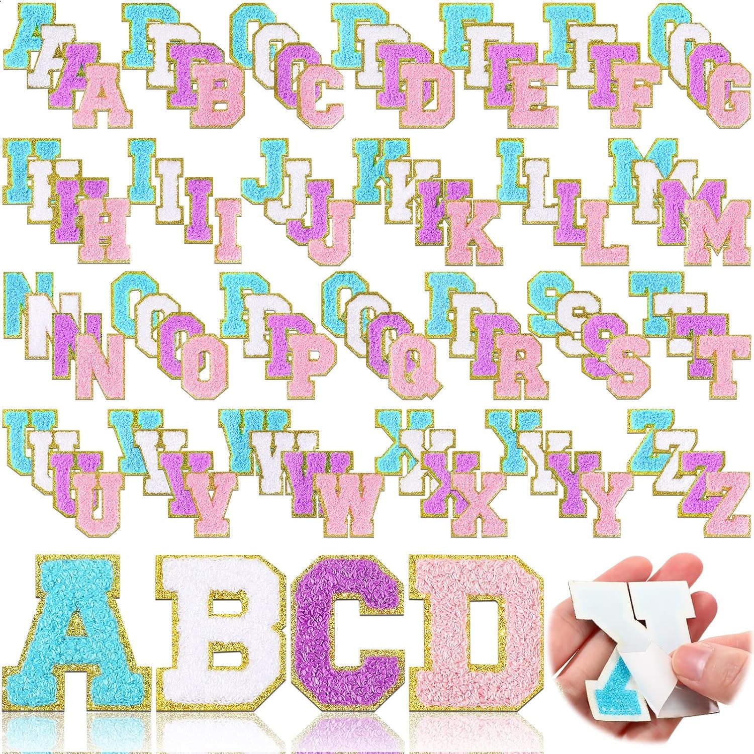 104 Pcs Chenille Letter Patches Self Adhesive Letters Letter Patches Self Adhesive Chenille Patches Chenille Embroidered Patch for Clothing (White, Pink, Purple, Blue,Classic)