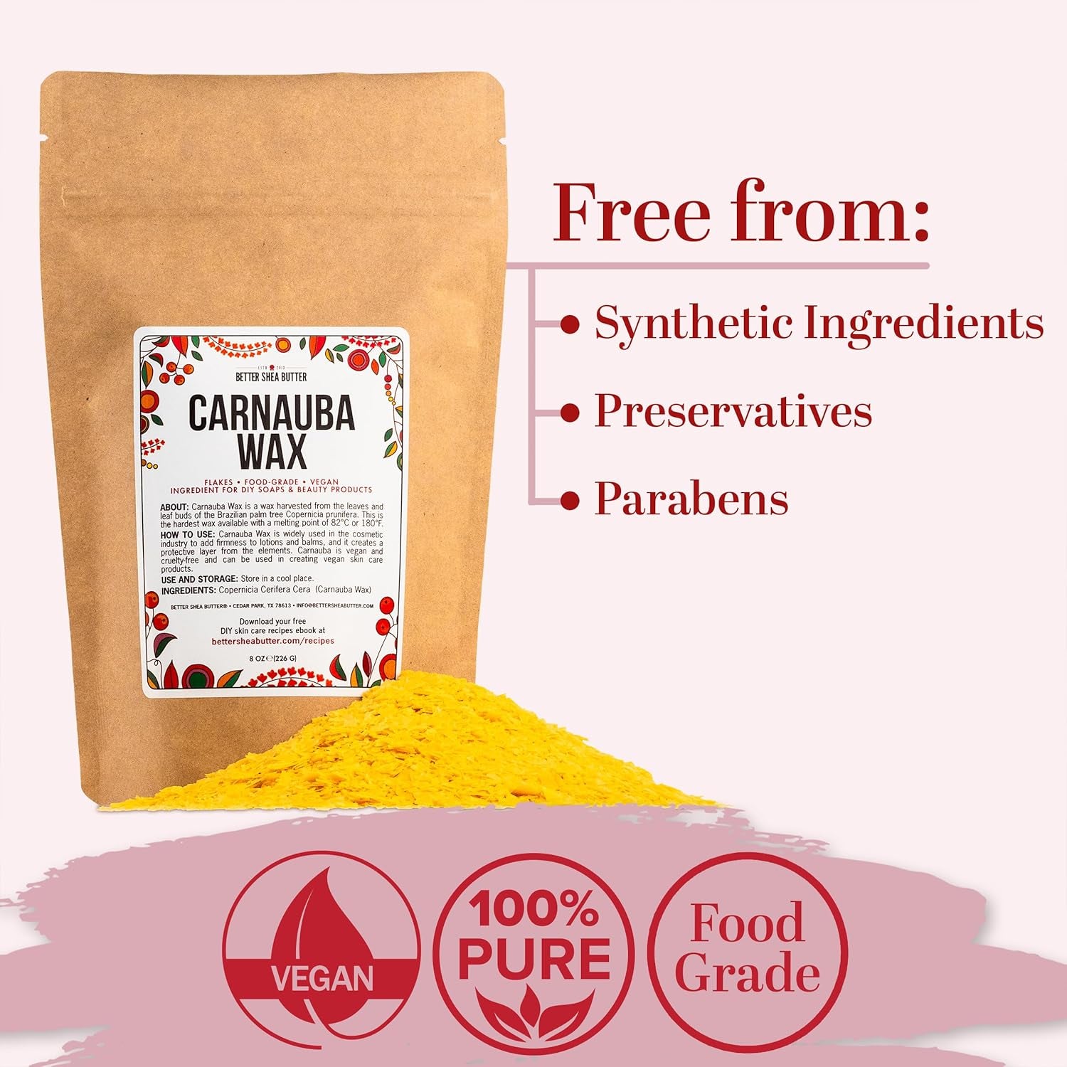 Carnauba Wax | for Use in Homemade Balms, Candles and Other Skin Care | Wood, Furniture and Leather Finishing | 100% Pure Carnauba Wax Flakes | Food Grade | Vegan Wax | 8 Oz by