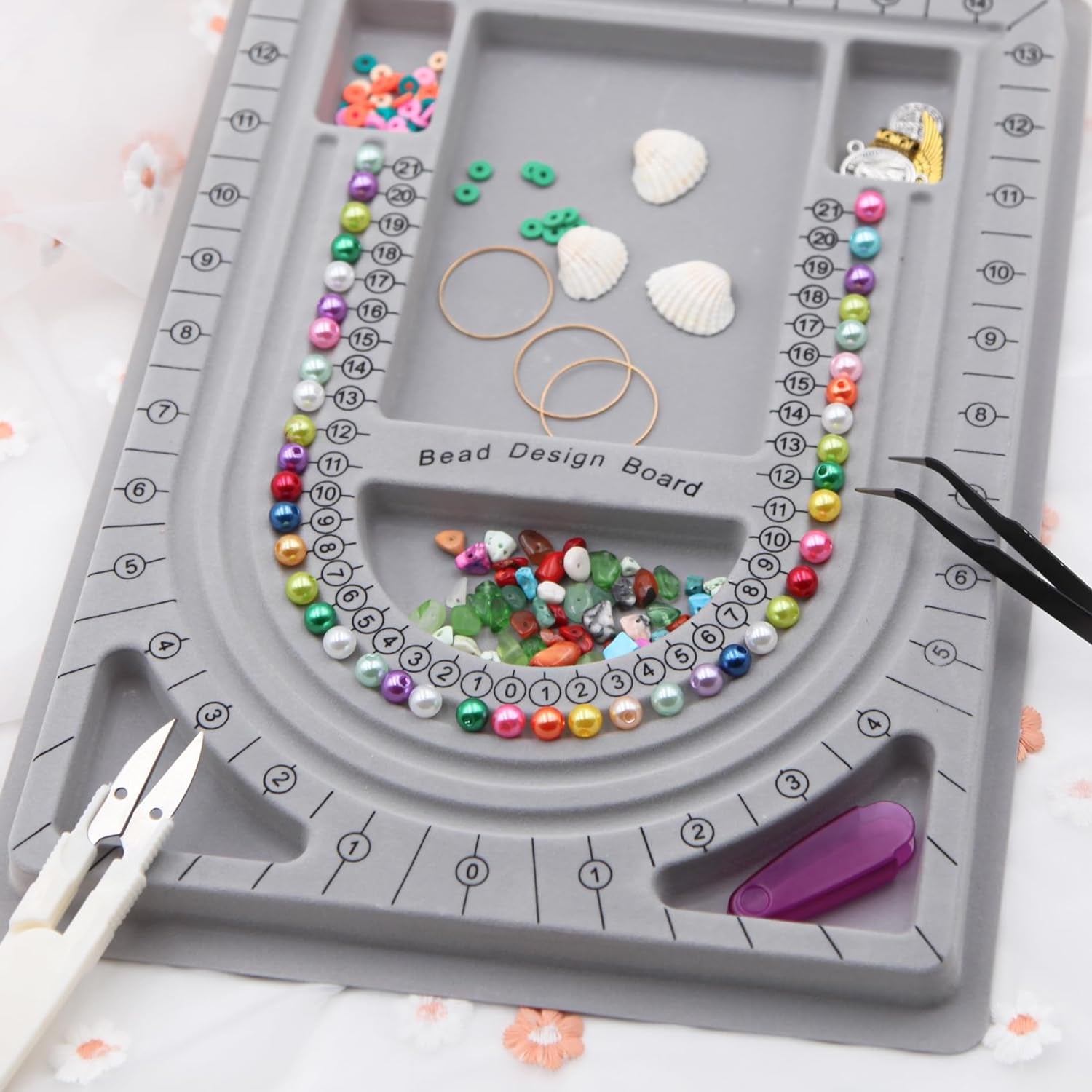 Bead Design Board with Beading Mat Kit, Grey Flocked, All-In-One Jewelry String Beading Needles Jewelry Organizer Tray for Creating Bracelets, Necklaces and Other Jewelry Making Craft