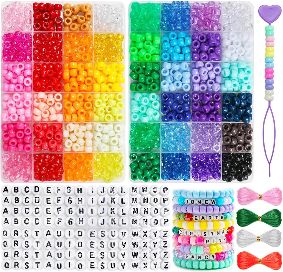 Pony Beads, 48 Colors Bracelet Making Kit, 6X9Mm Beads for Bracelets with Elastic Strings, Beads for Jewelry Making, Multi-Colored Bracelet Beads for Hair Braids, Crafts
