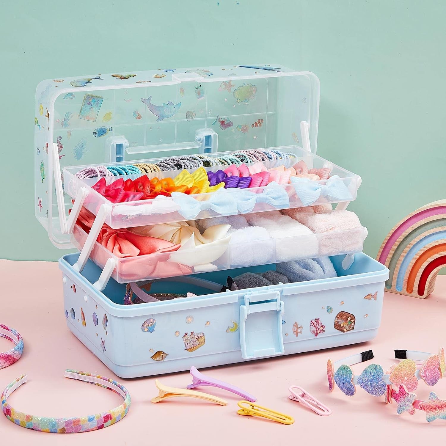 Hair Accessories Organizer 13 Inch Hair Accessories Storage Box with Fold Tray and Handle 3 Layers Plastic Tool Box Hair Accessories Organizer Box for Art Sewing Nail with Stickers (Blue)