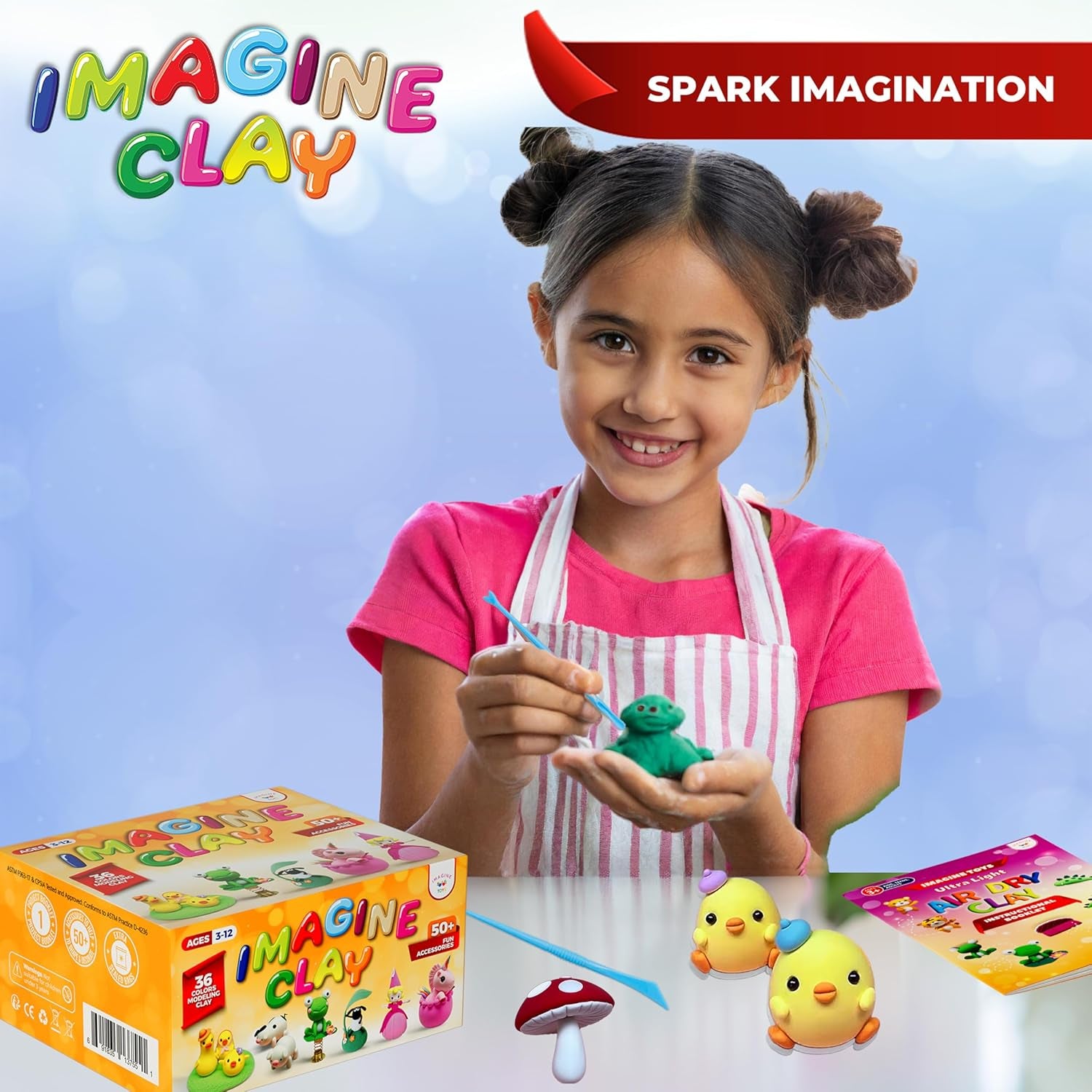 Imagine Clay Complete KIT - 36 Colors Air Dry Modeling Clay with 5 Sculpting Tools plus Roller, 50+ Decorations, 4 Spring Seats, 10 Phone Chains, 2 Key Rings, Booklet, Etc. Great Gift. Age 3-12+
