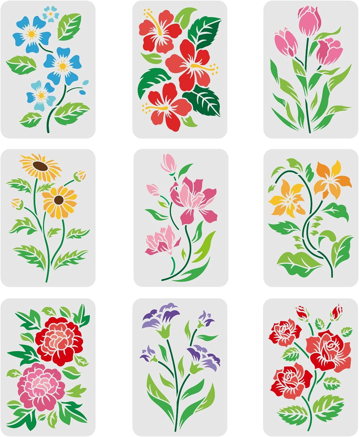 9Pcs Flower Stencils for Painting 11.7X8.3 Inch Flower &amp; Leaves Drawing Template Reusable Flower Stencil DIY Stencils for Painting on Wood, Floor, Wall and Tile