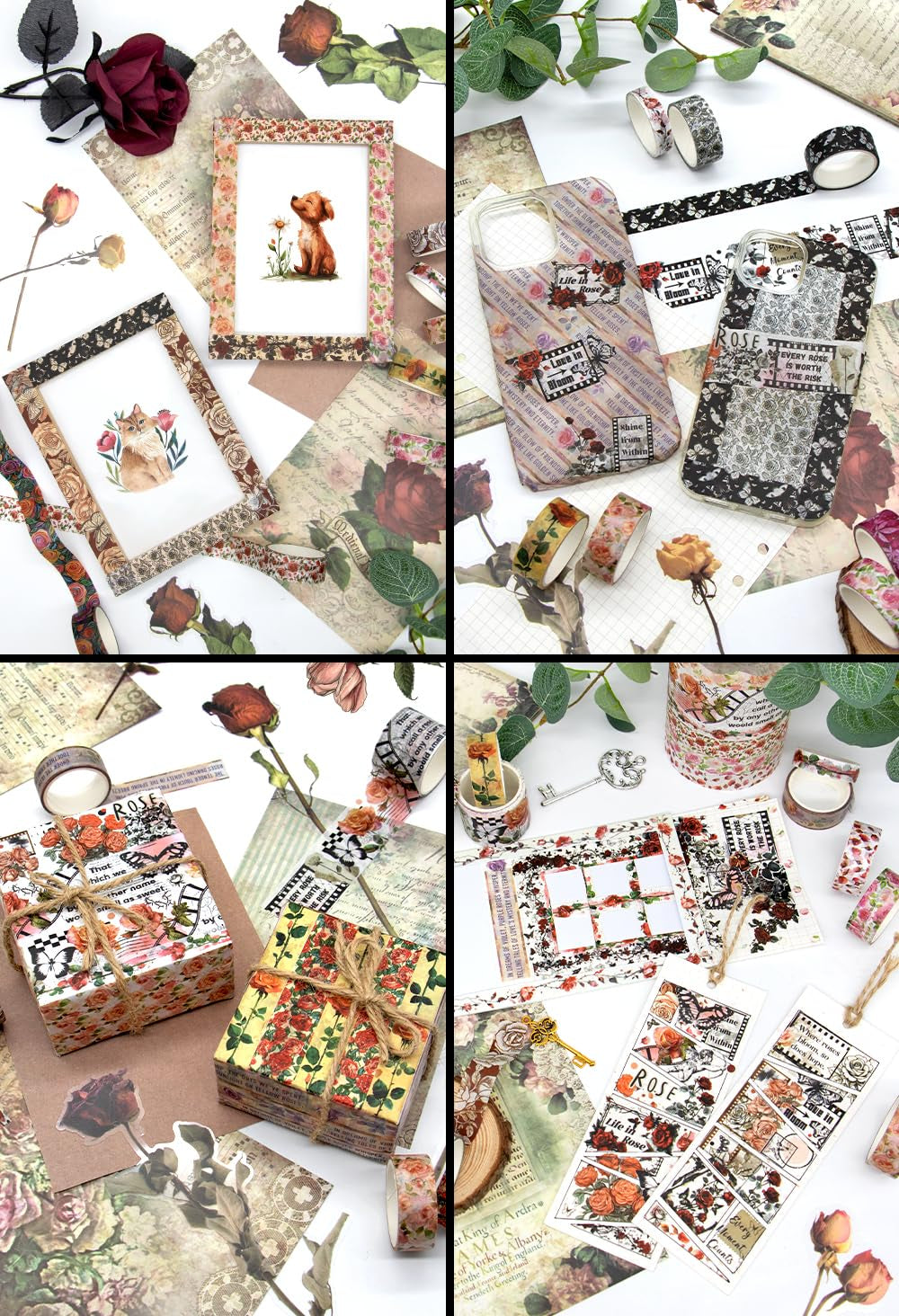 Rose Washi Tape Set, 20 Rolls Vintage Floral Washi Tapes for Journaling, Thanksgiving Flower Letter Butterfly Stickers Decorative Tapes for Crafts Supplies, Scrapbooking, Junk Journal (Love Theme)
